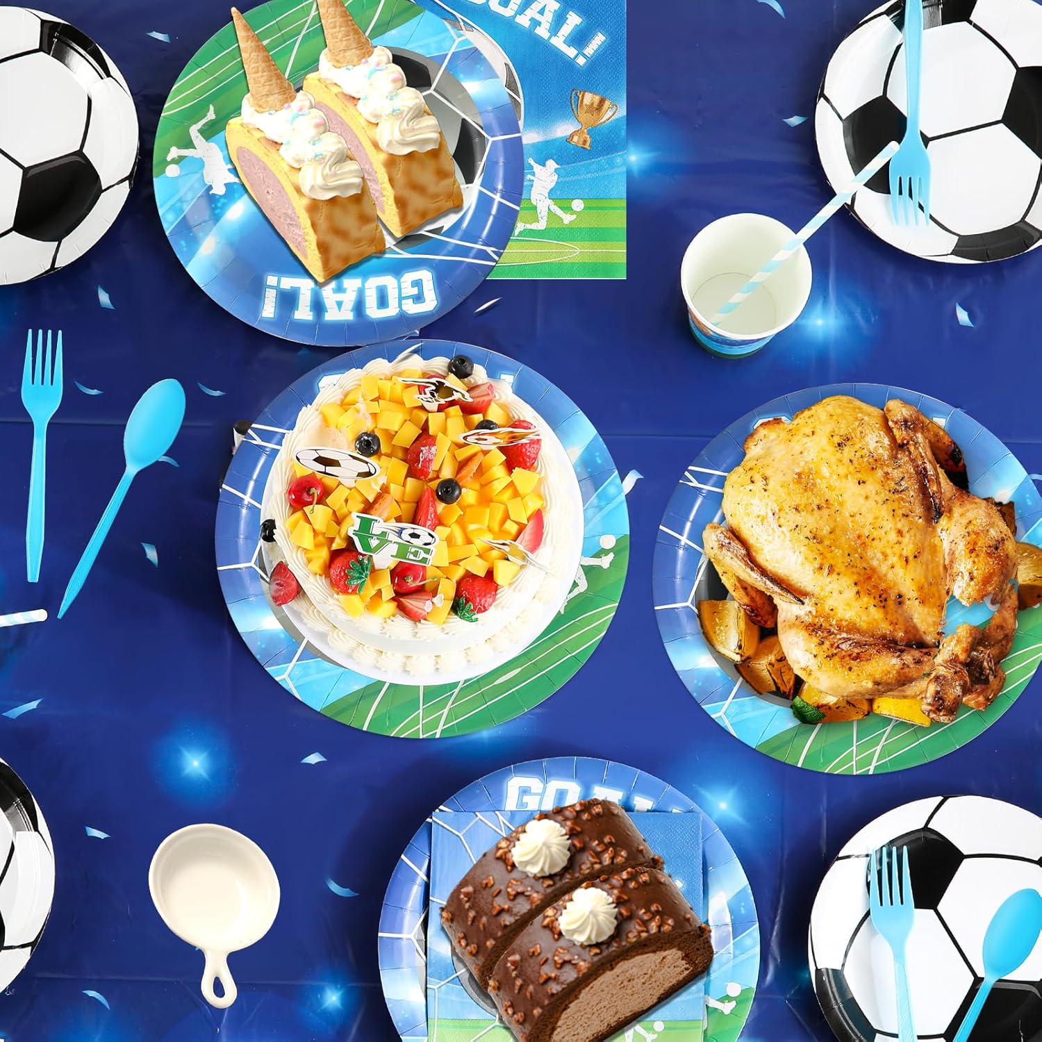 LLOORE 350 Pcs Soccer Birthday Party Decorations, Disposable Tableware Set Party Supplies for 50 Guests, includes Plates, Cups, Napkins, Forks, Spoons, Straws for Soccer Theme Decorations - Image 7