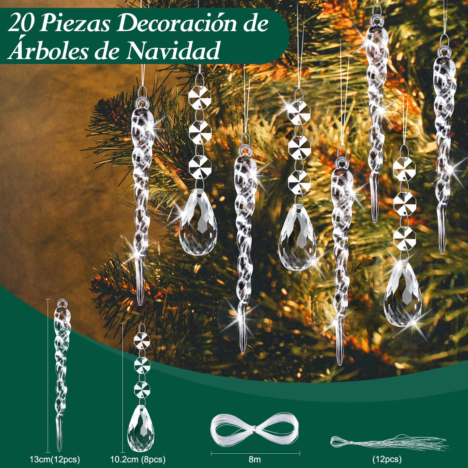 Kiiwah 20 Piezas Acrílico Adorno Colgante Decoración Navideña Carámbanos de Copo de Nieve, Cristal Carámbanos De Gotas Decoracion Colgantes de Navidad, Arbol Navidad Adornos para Invierno Decoracion