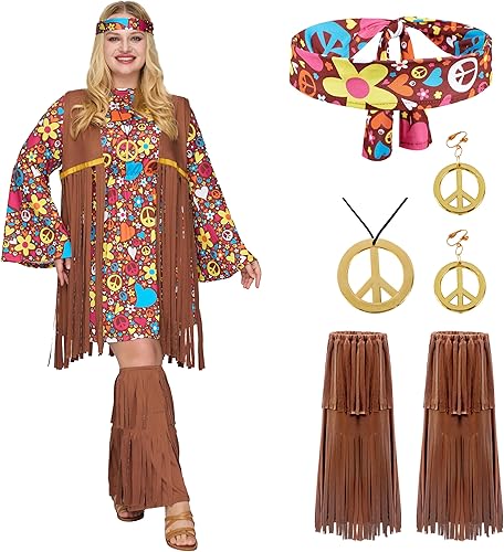 Miniatura 8 de Spooktacular Creations Conjunto de disfraz hippie para mujer diadema aretes chaleco calcetines cubiertas para botas de los años 70 atuendo hippie