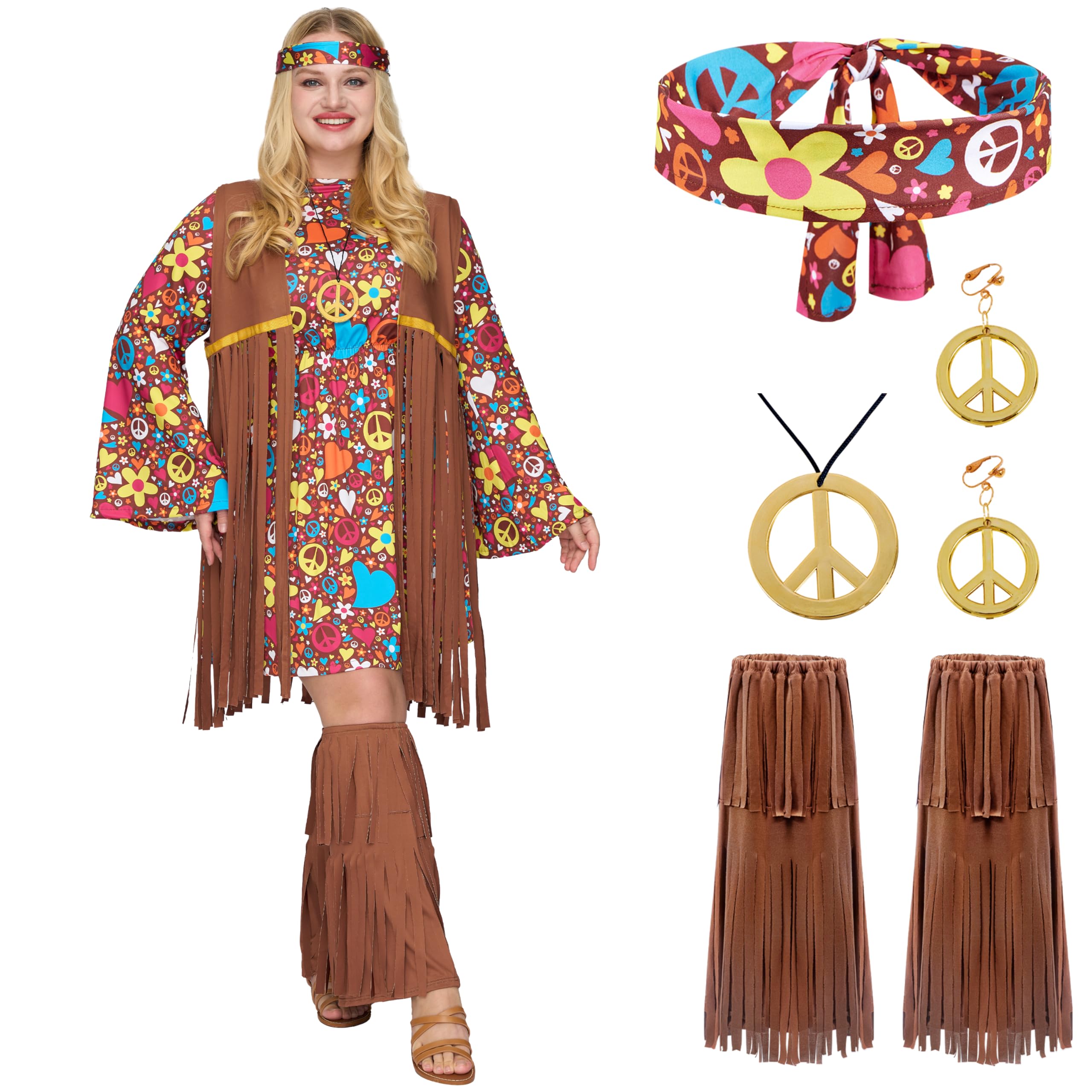 Spooktacular Creations Conjunto de disfraz de hippie para mujer, diadema, aretes, vestido, chaleco, calcetines, fundas para botas, atuendo hippie de los años 70 para disfraces de Halloween-M