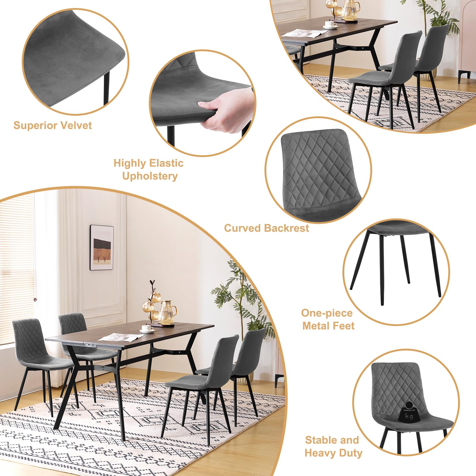 EUGAD Sedie da Cucina Set da 4, Sedie Imbottite con Gambe in Metallo, Seduta in Velluto, per Camera da Letto, Sala da Pranzo,Grigio Scuro