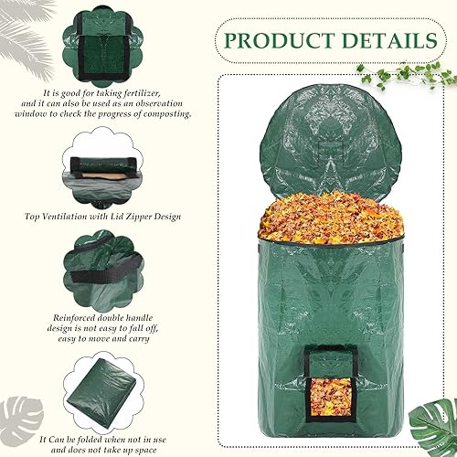 Miniatura 4 de Berlune 4 bolsas de basura reutilizables de 72 galones, color verde, bolsa de jardín con tapa y asas para recoger hojas, recolección de ramas de