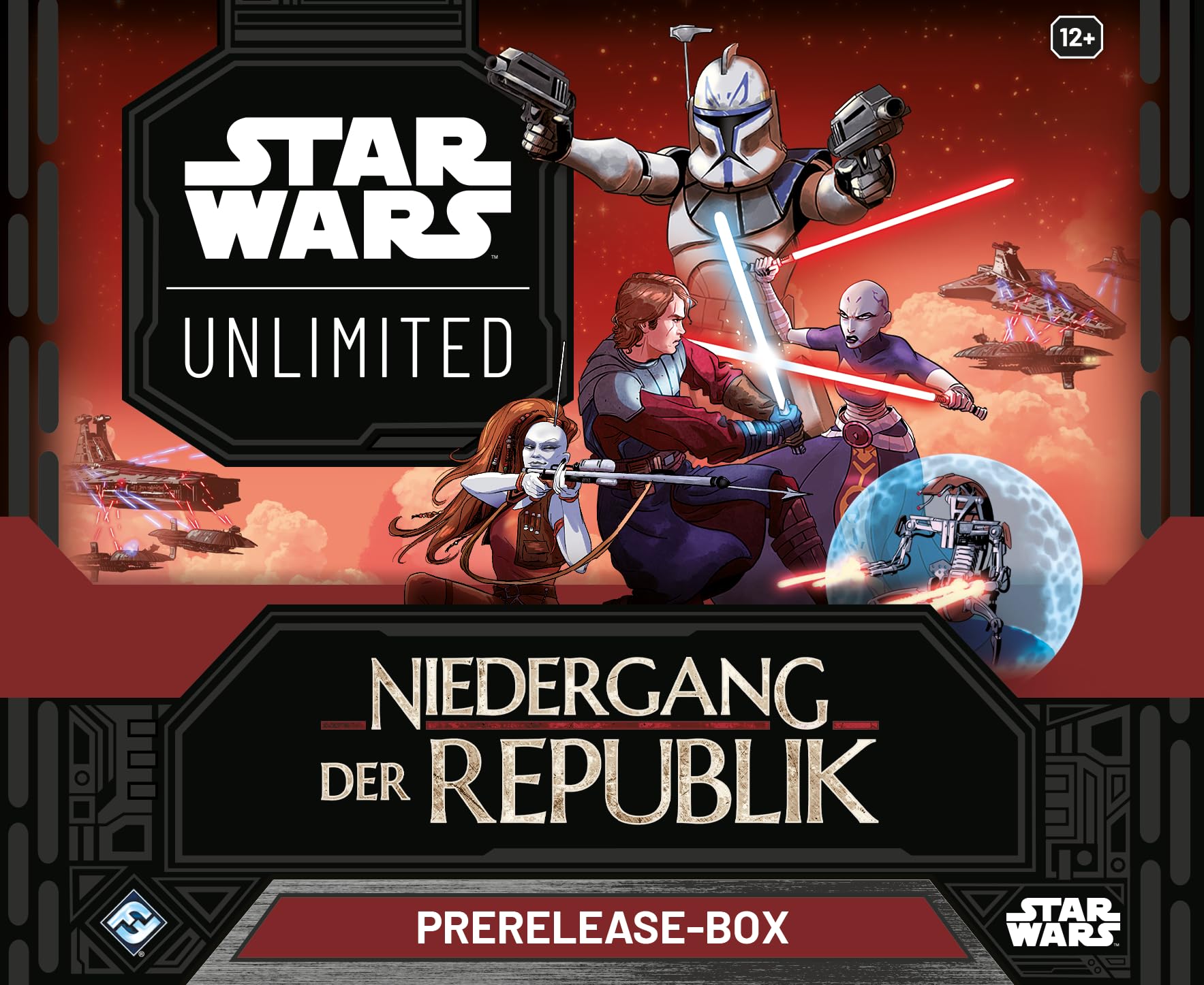 Fantasy Flight Games - Star Wars: Unlimited TCG Niedergang der Republik PRERELEASE-BOX – Starte dein Abenteuer in die Klonkriege! Enthält 6 Booster-Packs, Alter 12+, 2+ Spieler, 20 Minuten, Deutsch