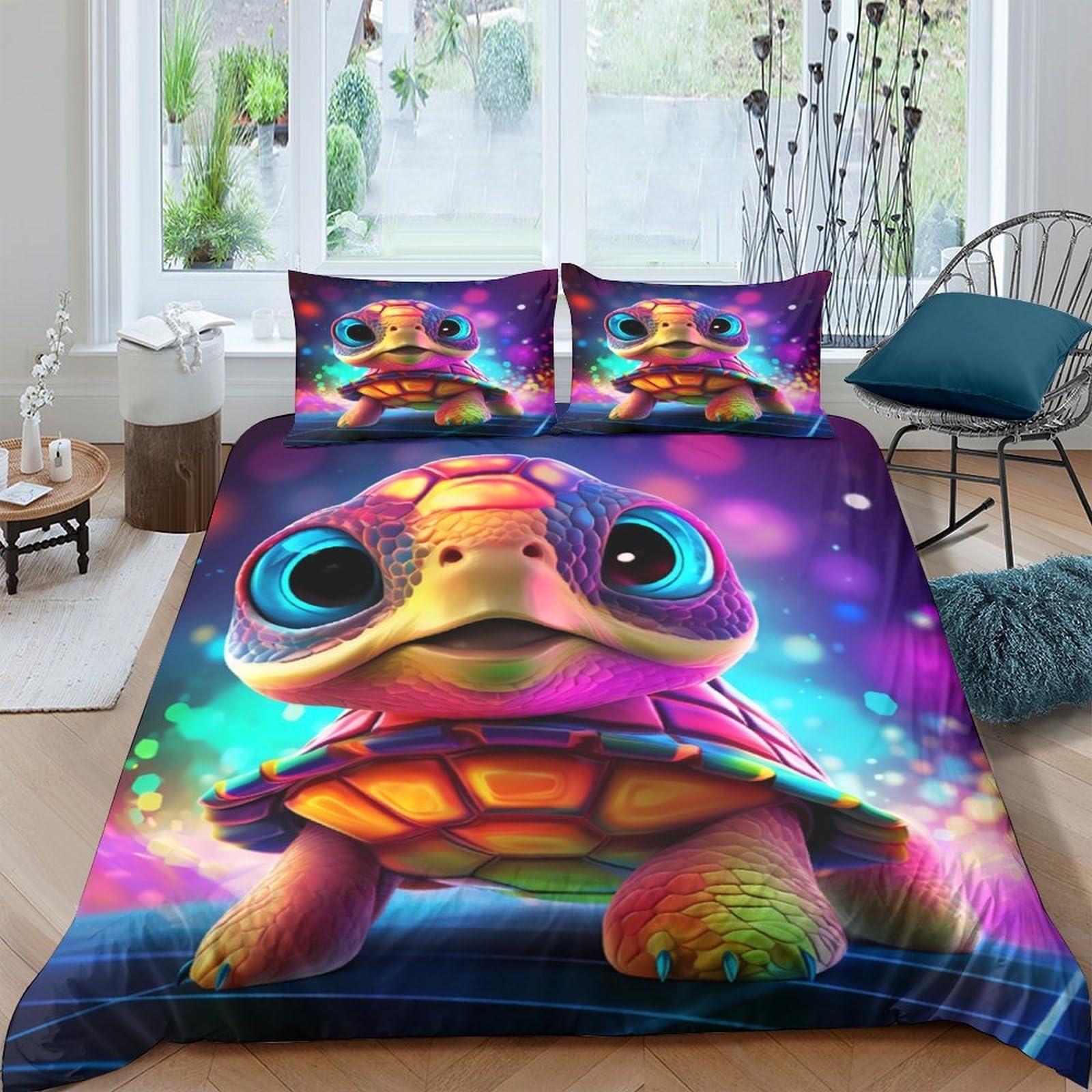 Housse de couette tortue 3D 140x200 en microfibre avec taie d'oreiller pour lit single