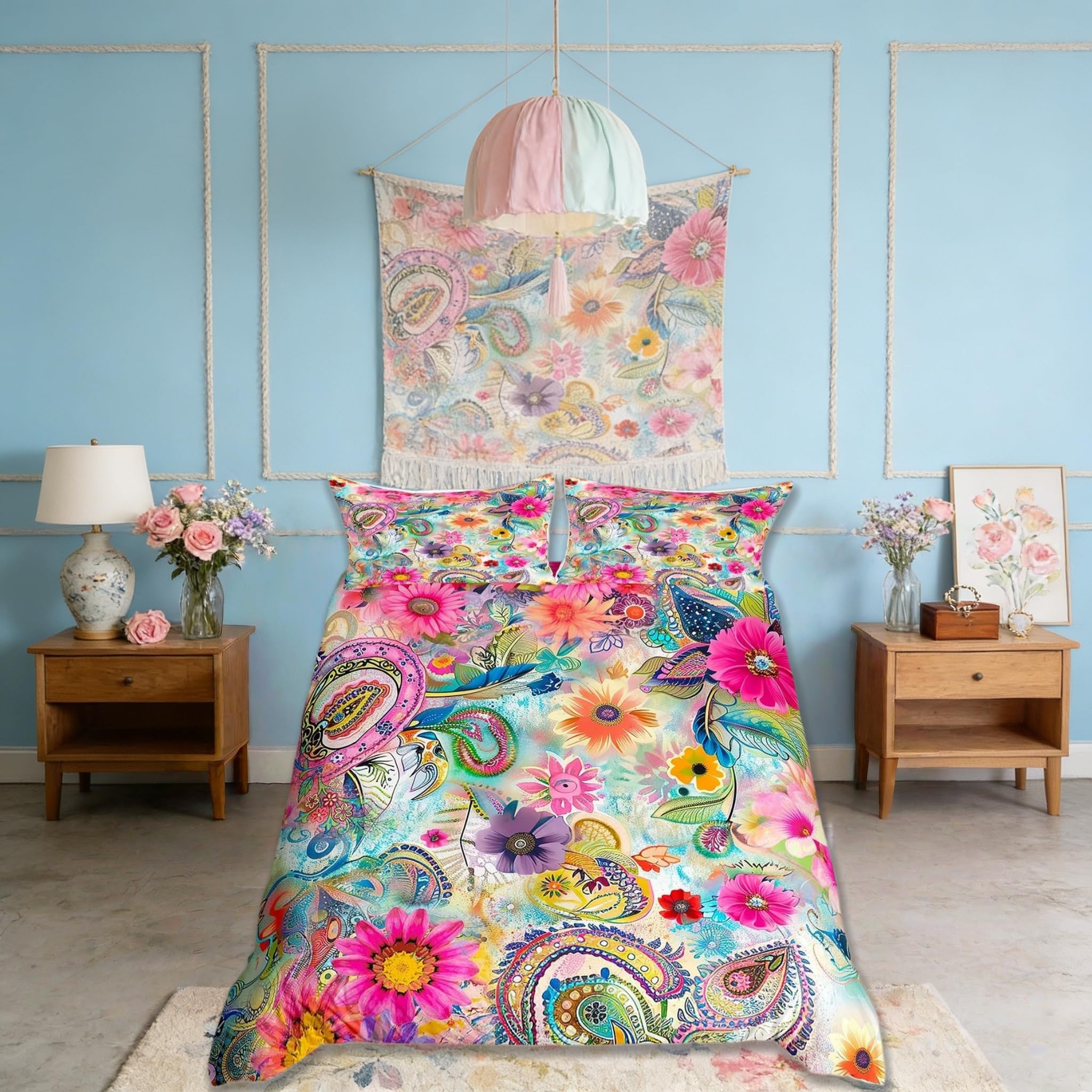 Daisy Flowers Tie Dye Duvet Cover Set King Size 104"x90",Colorful Paisley Print Comforter Cover with 2 Pillowcases,Kids Girls Bedroom Bedding Set