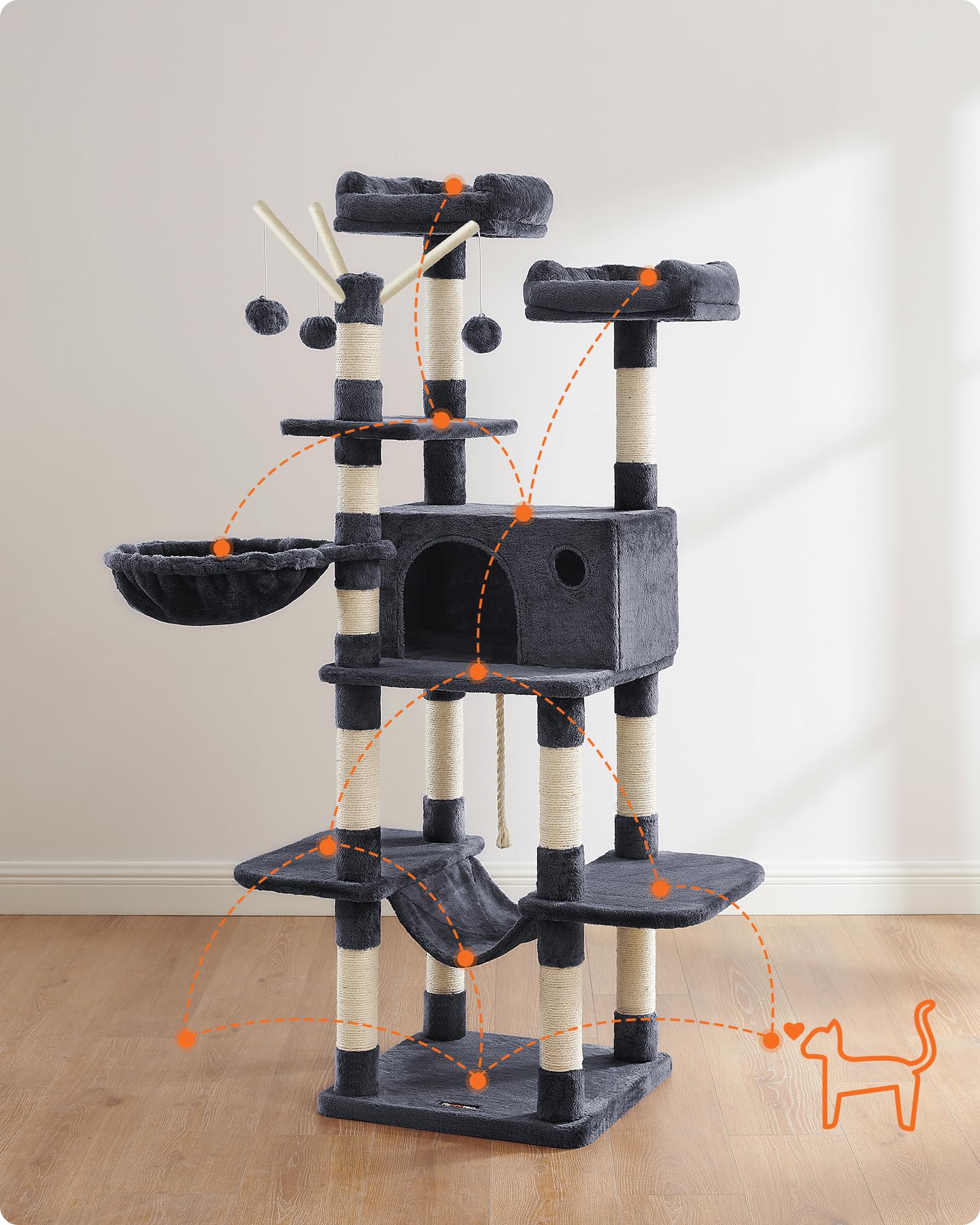 Feandrea Drapak dla Kota, Drzewko dla Kota z Sizalem, Pluszowa Wieża z Legowiskiem i Hamakiem, dla Dużych Kotów, 48,5 x 48,5 x 158,6 cm, Ciemnoszary, Kolekcja CLAWFY PCT087G01
