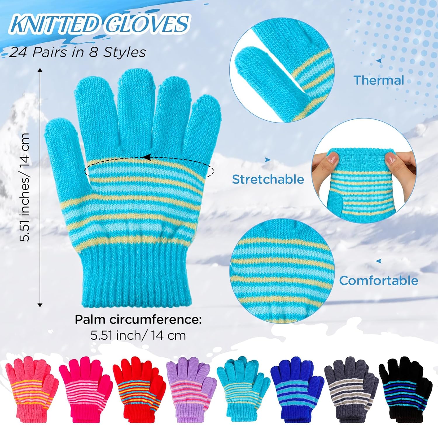 Suhine 24 Set Kids Winter Beanie and Gloves Bulk Colorful Unisex Bulk Warm 8 Styles Knit Hat Stretchy Full Fingers Gloves - Image 3