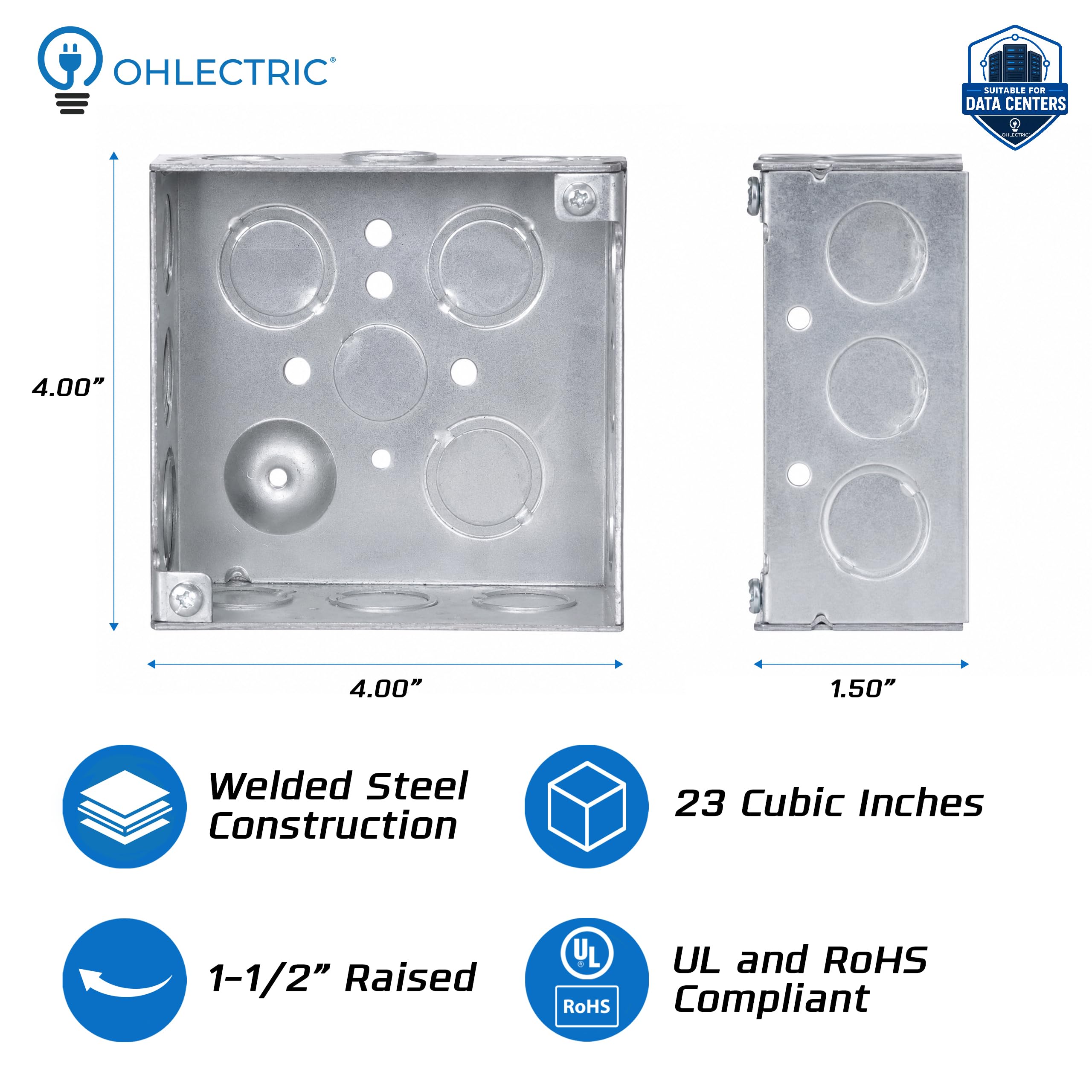 OHLECTRIC Scatola elettrica in metallo saldato 4x4 (confezione da 10), scatola di giunzione quadrata profonda da 1,1/2" con Knockout concentrici da 1/2" e 3/4", terra rialzata, 23 Cu in scatola di