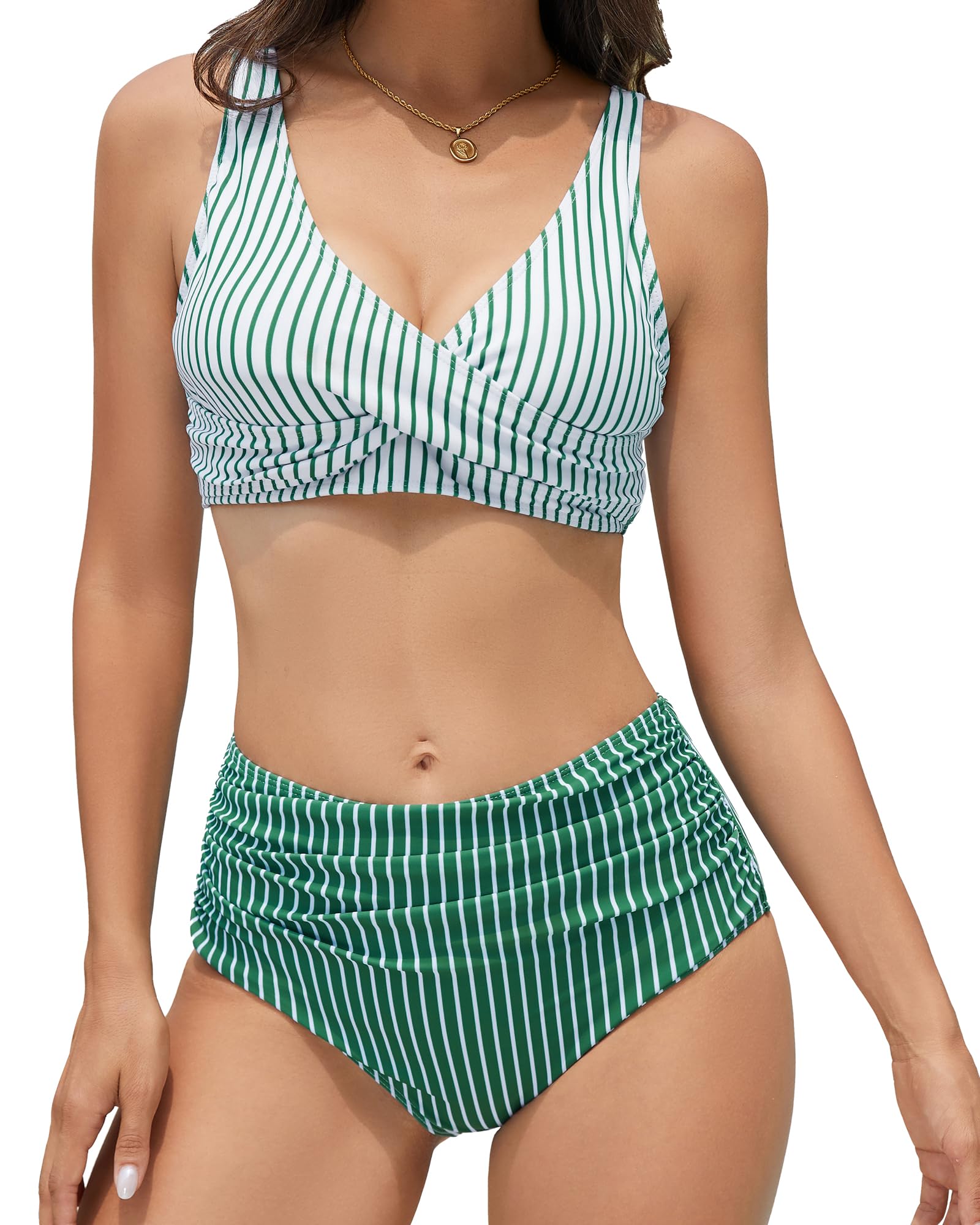 jabeick Bikini Damen Set Bauchweg High Waist Push Up Sport Shape Bikinis FüR Damen Curvy Sexy Triangel Oberteil String Bikini Zweiteiler Swimsuits V Ausschnitt Twist Front Neckholder Bademode