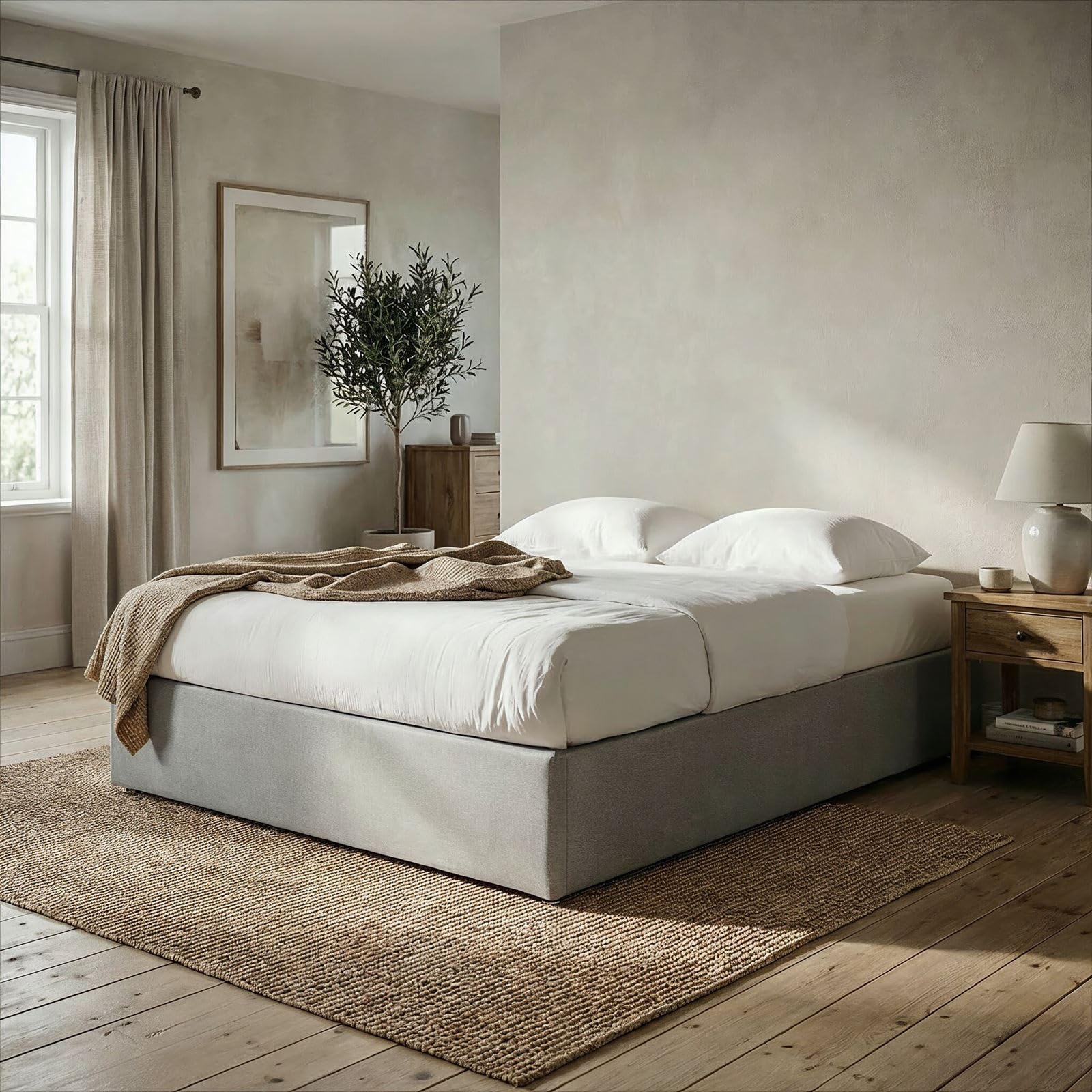 IDIMEX Sommier tapissier Maya 160 x 200 cm Structure en Bois et revêtement en Tissu Gris, Cadre de lit avec Pieds et sommier à Lattes Queen Size pour 2 Personnes