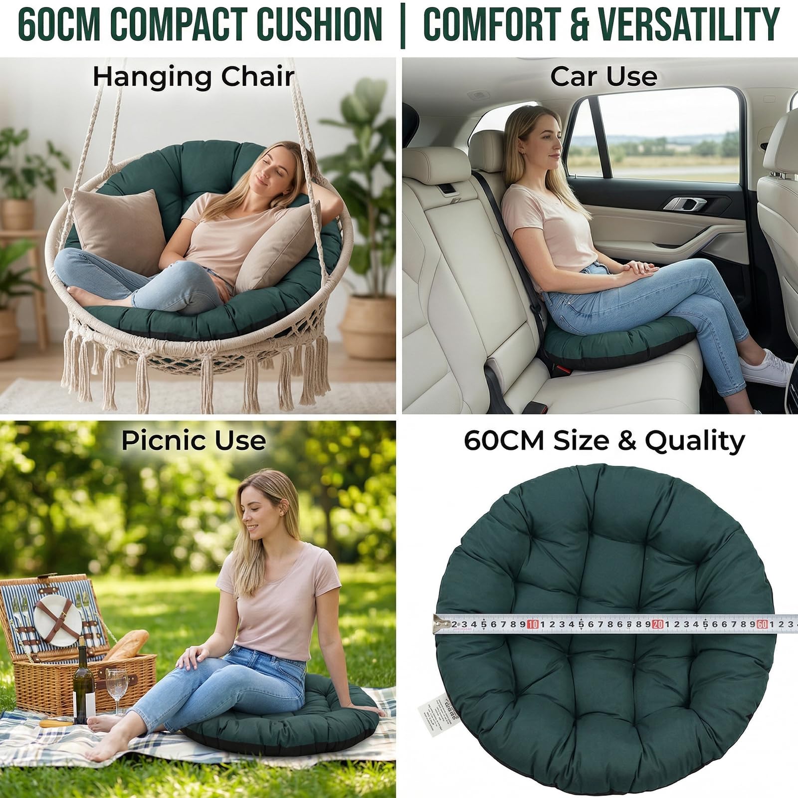 Cuscino per poltrona sospesa, 60 x 60 cm, rotondo, per poltrona sospesa, per sedia a dondolo, per esterni, pieghevole, per interni ed esterni, verde scuro