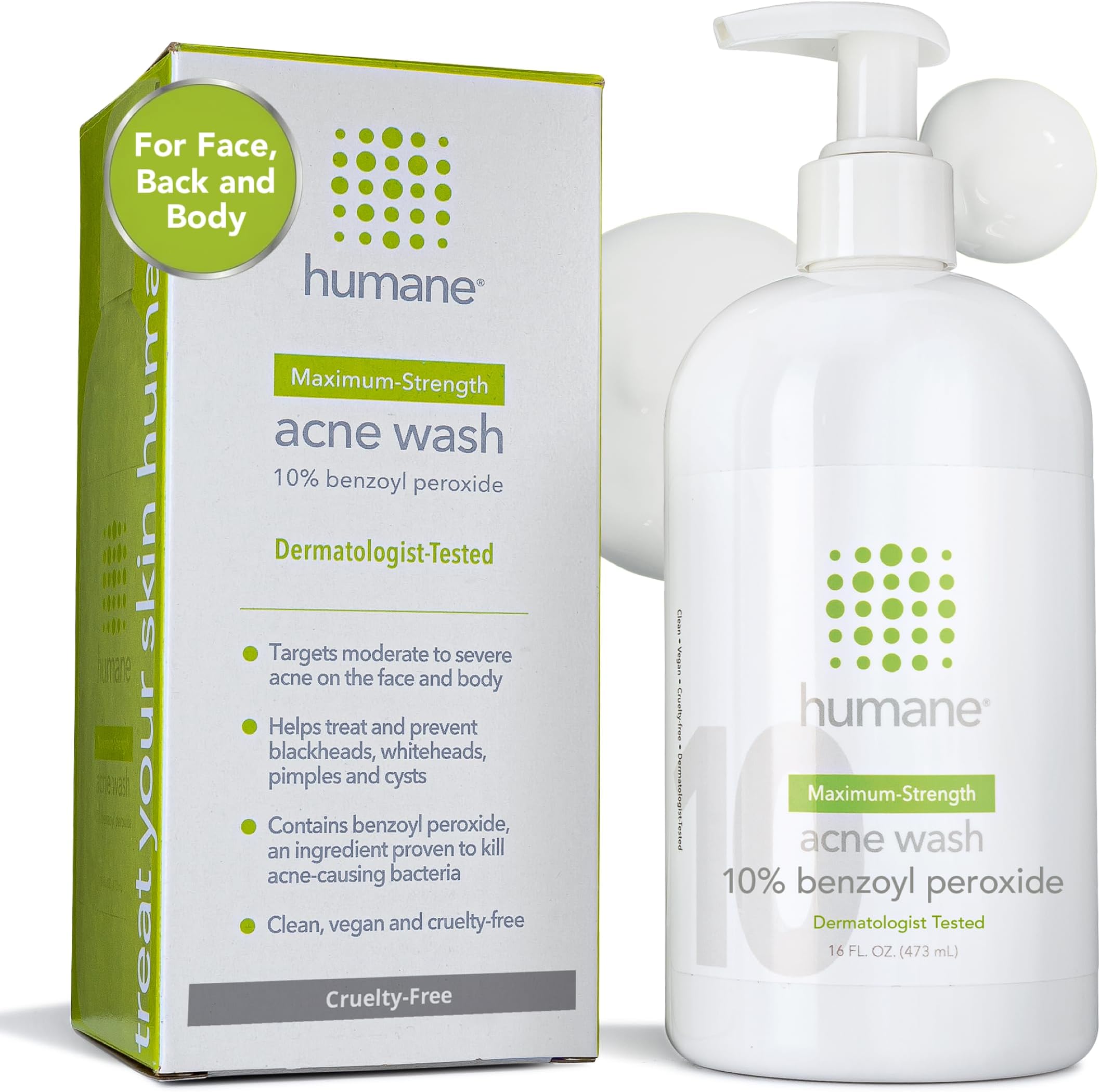 humane Maximum-Strength Acne Wash - 10% Benzoyl Peroxide Acne Treatment for Face, Skin, Butt, Back and Body - 16 Fl Oz - Dermatologist-Tested Non-Foaming Cleanser - Vegan, Cruelty-Free
