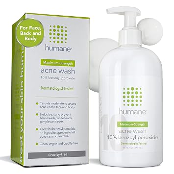 humane Benzoyl Peroxide Acne Body Wash - 10% Maximum-Strength Face, Skin, Butt, and Back Acne Treatment - 16 Fl Oz - Dermatologist-Tested Non-Foaming Acne Face Wash Cleanser - Vegan, Cruelty-Free