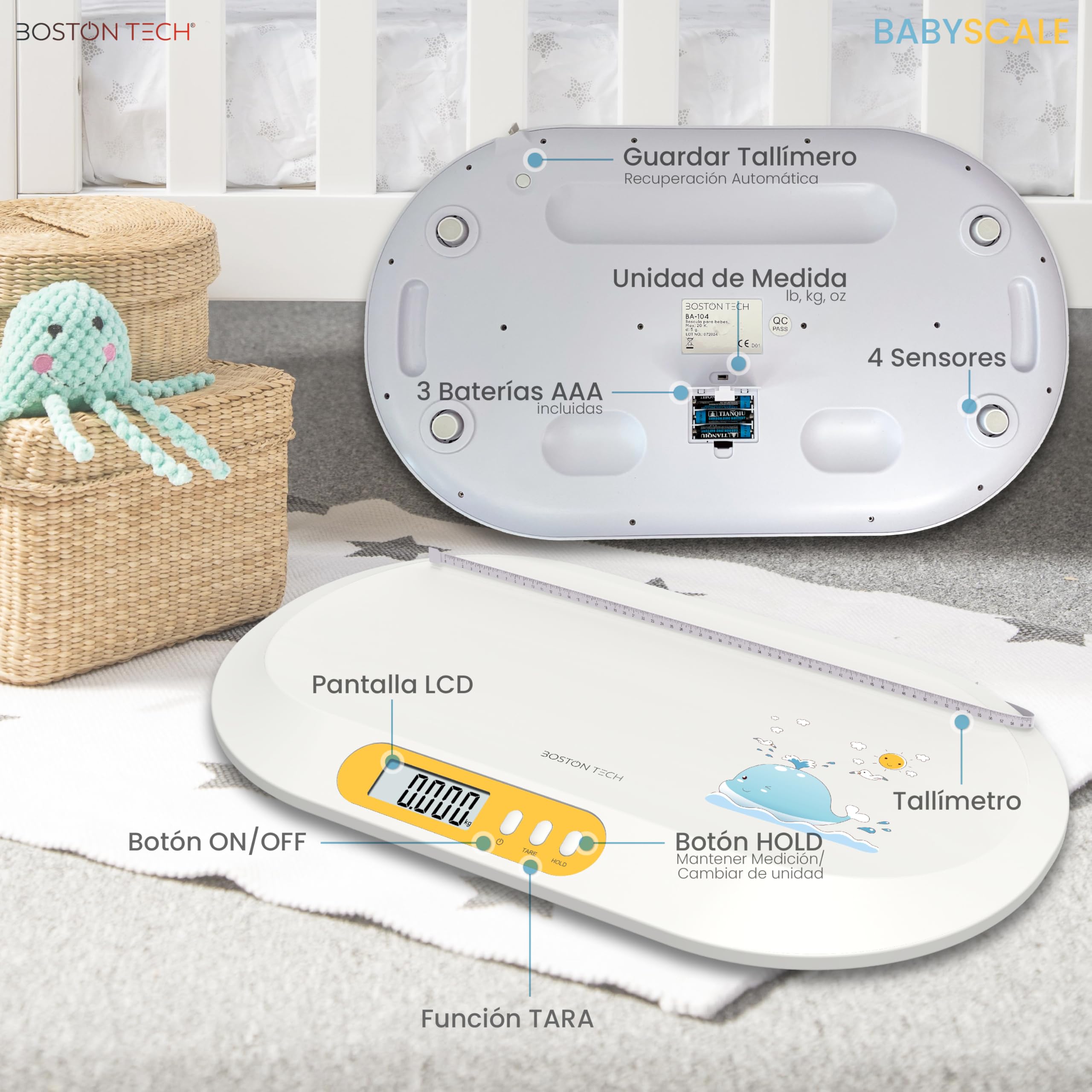 Báscula digital para bebé Boston Tech con tallímetro integrado, función Tara y Hold, pantalla LCD retroiluminada, balanza precisa hasta 20 kg, ideal para recién nacidos y mascotas pequeñas