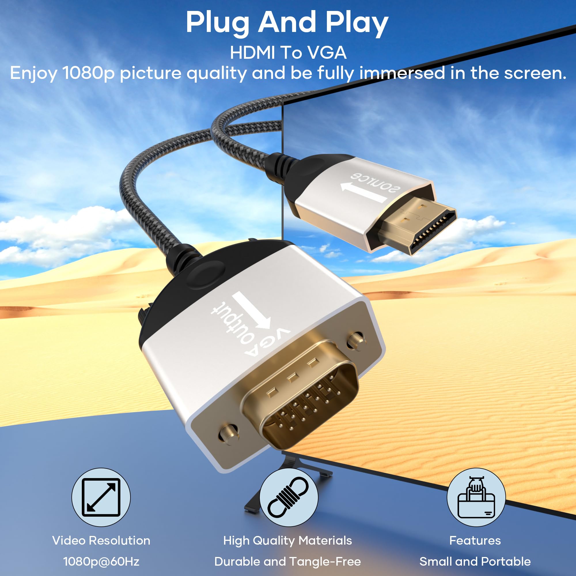 kabel HDMI na VGA 1,5m, jednokierunkowy kabel HDMI na VGA D SUB 15 Pin, kabel HDMI na VGA kompatybilny z podłączeniem PC, laptopa i innych urządzeń HDMI do monitora/projektora/HDTV 1080P@60Hz