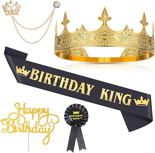 Junkin 5 accesorios de cumpleaños para hombre, regalos de cumpleaños para hombres, incluyen corona de rey ajustable, banda de hojalata, pin de