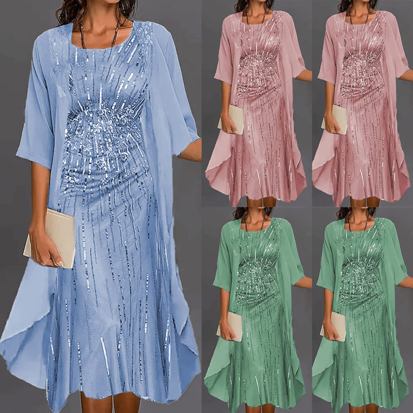 Robe de soirée élégante pour femme - Couleur unie - Broderie - 2 pièces - Robe de bal sans manches avec col rond + cardigan uni - Longueur genou - Robe de cocktail - Robe de bal - 5XL