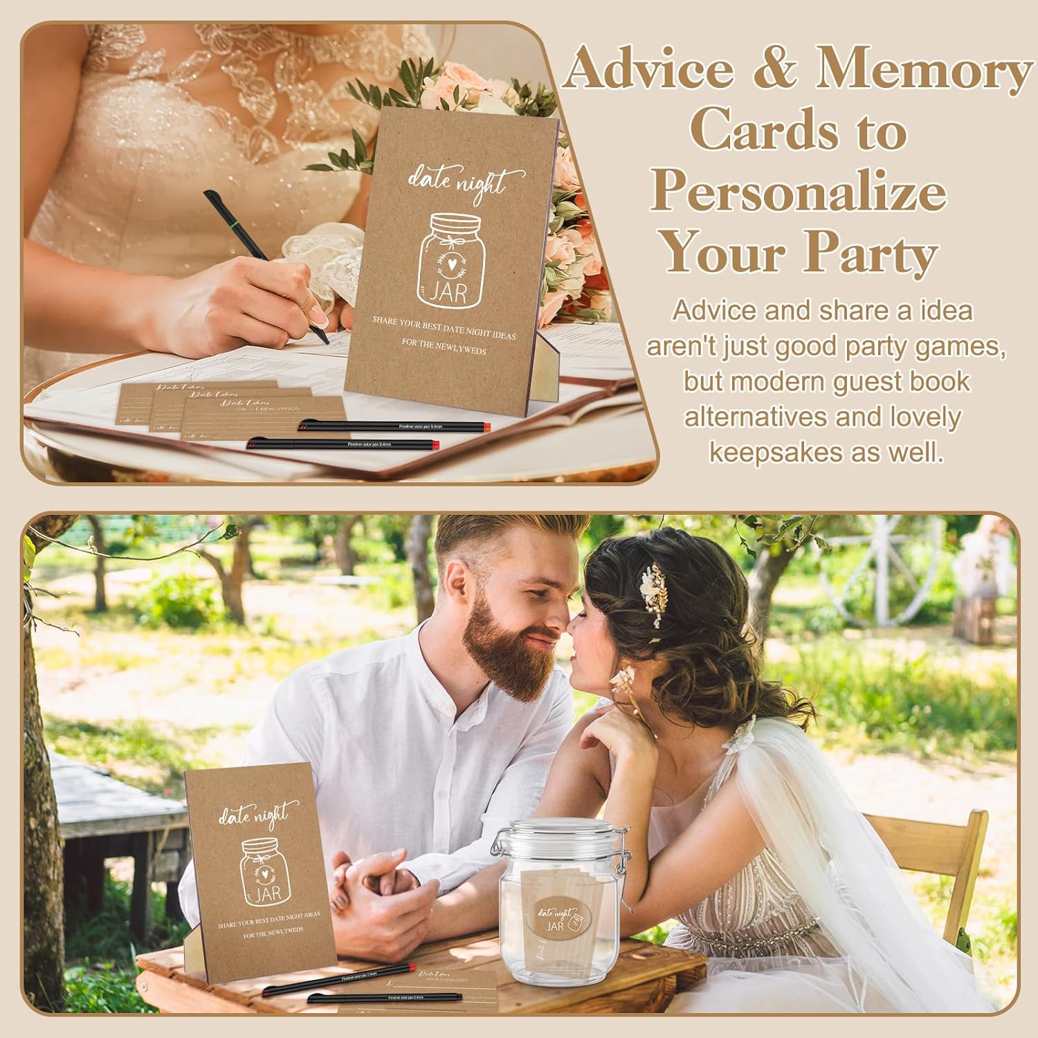 DoubleFill 76 Pcs Bridal Shower Games Include Date Night Jar Wooden Sign 60 Cards 12 Color Pen 2 Stickers for The Newlyweds Wedding Reception Games Date Idea Party Favors Decoration(Rustic Style)