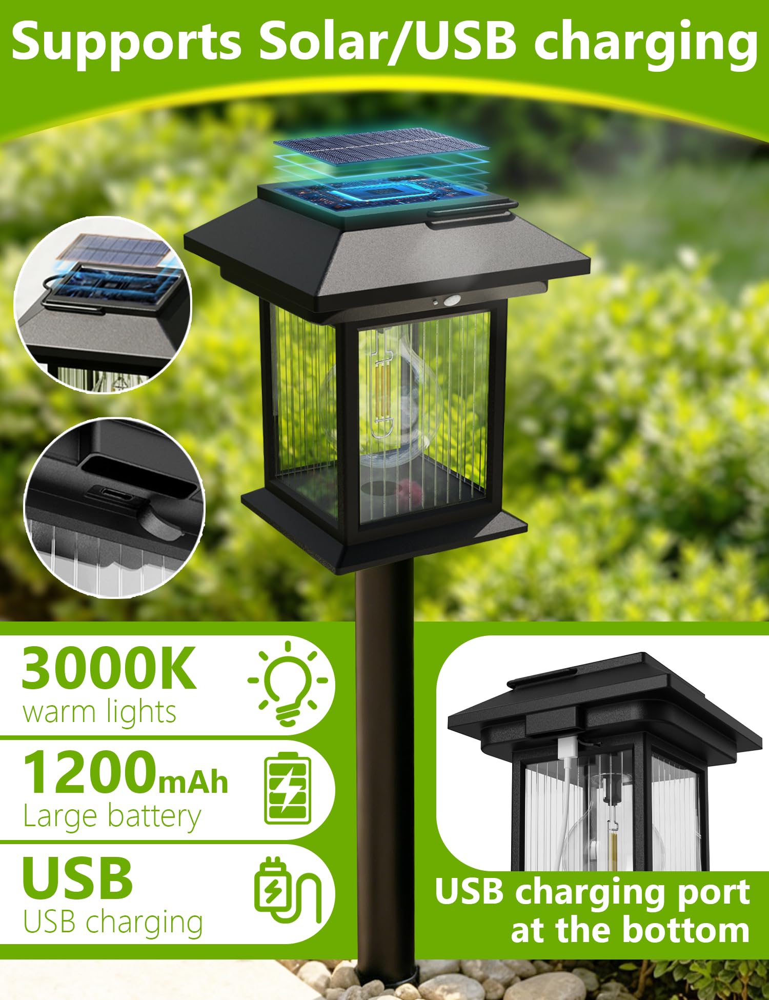 ACMHNC 4 Stück Solarlampen für Außen mit Bewegungsmelder, USB-Ladung, IP65 | 3-in-1 Solar Gartenleuchten 3 Montagearten mit Erdspieß, Wand und Haken, 3000K, 3 Modi für Weg Terrasse Balkon Hof