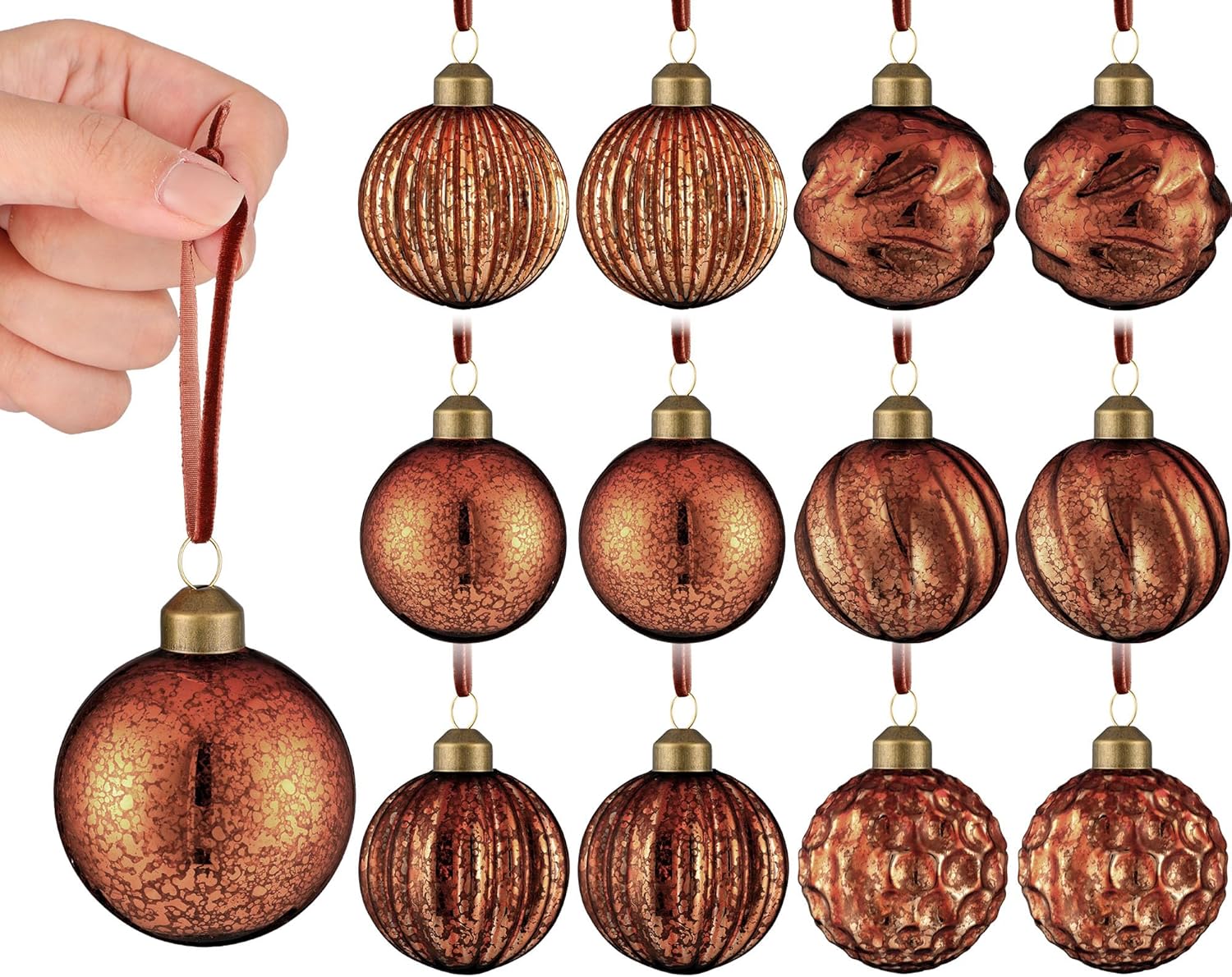 12 Pcs Vintage Mercury Glass Christmas Ball Ornaments 2.36 Inch Antique Embossed Ball Decorations Christmas Tree Hanging Decorations for Xmas Winter Holiday Decor Gifts(Red)