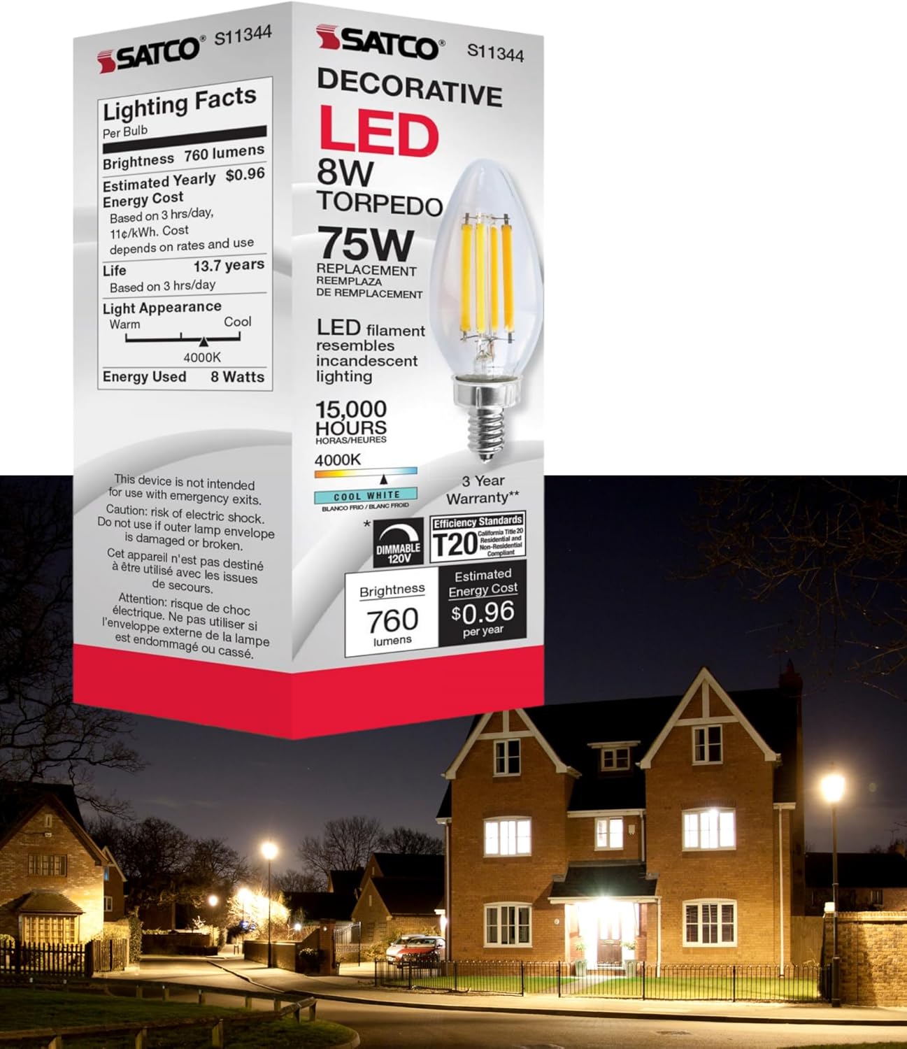 Satco 8W LED C11 Candle Light Bulb 4000K Cool White 760 Lumens Clear Finish E12 Candelabra Base Dimmable 300 Degree Beam Enclosed Fixture Rated 120V S11344