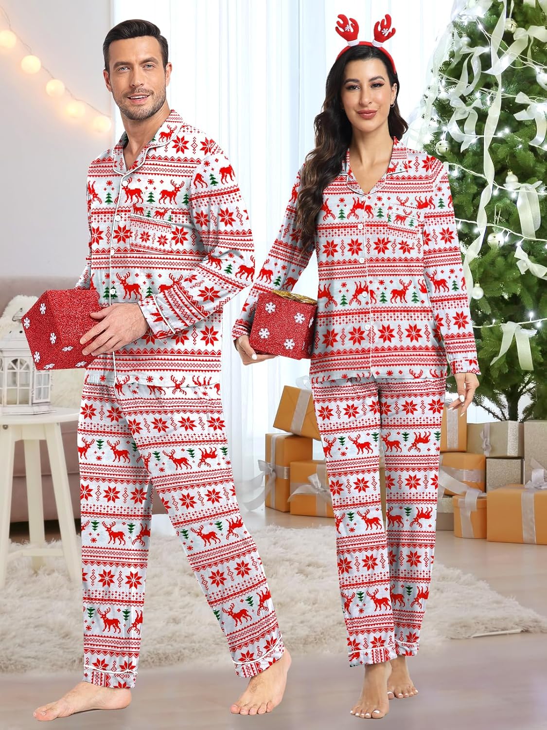 Couple Christmas Pajamas Matching Set Button Up Pj Cotton Sleepwear 2 Piece Loungewear Men White&Red Stripe M - Image 4