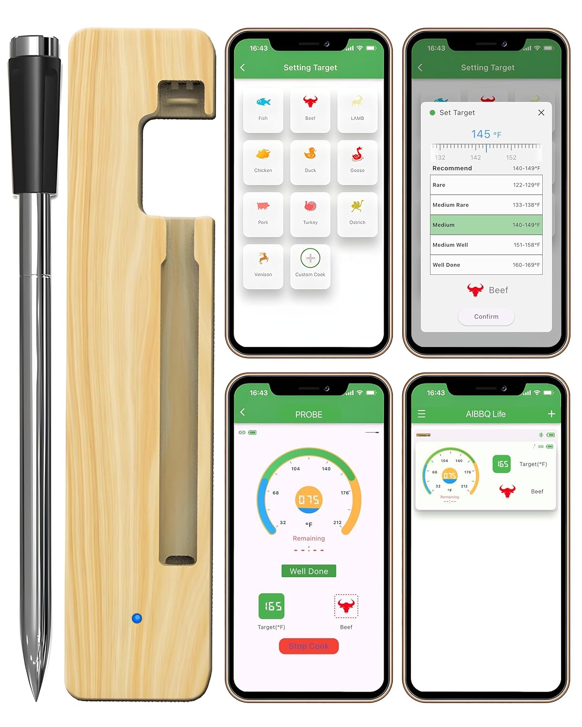 Termómetro digital de carne con sincronización para parrilla, digital, inalámbrico, doble sensor, Bluetooth, para barbacoa, para cocinar, ahumar,