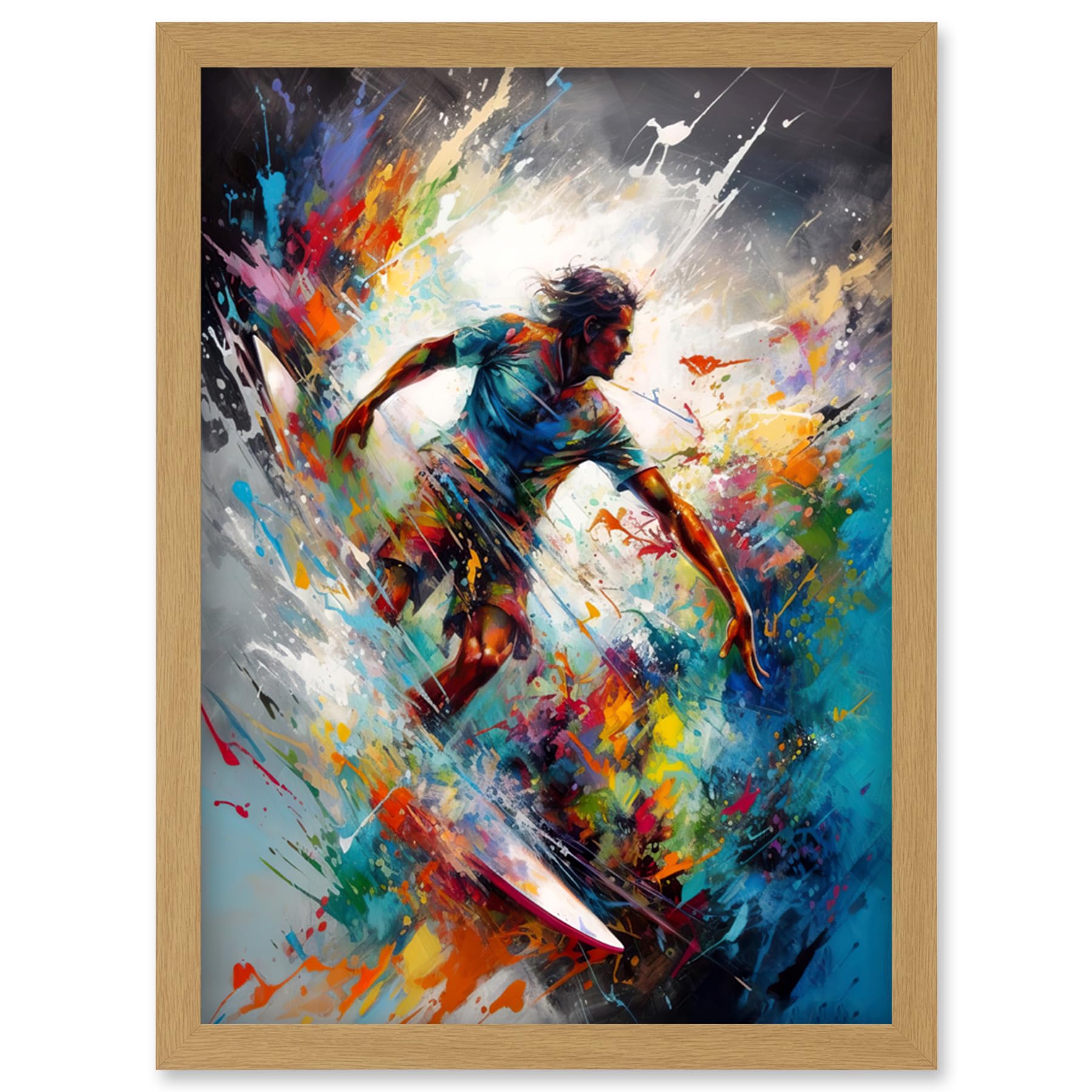 Artery8 Surfer Surfing on Rainbow Paint Splat Waves Artwork Framed Wall Art Print A4