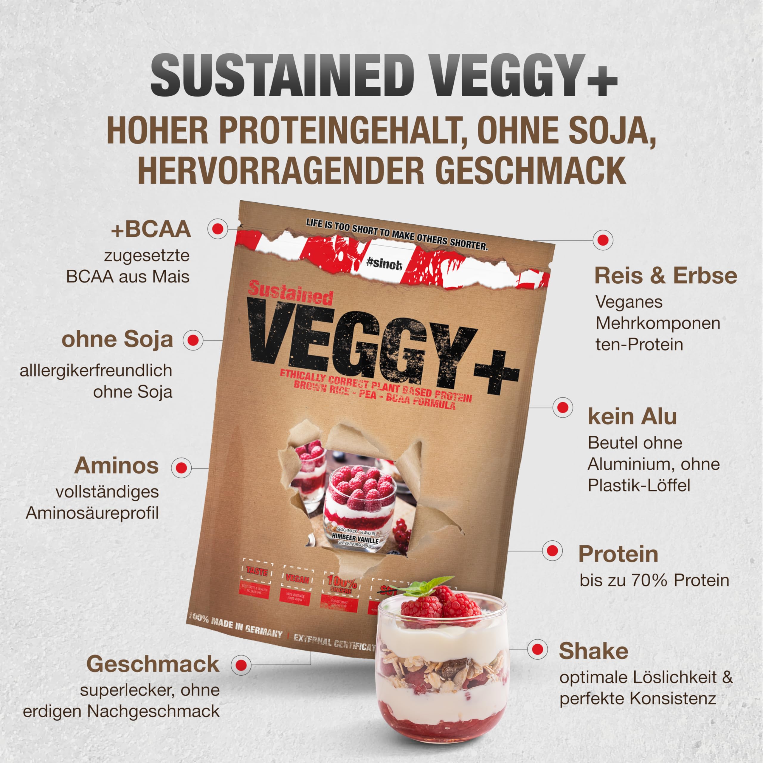 Veggy+ Veganes Proteinpulver (Vanille Himbeere) aus Reis- und Erbsenprotein Pulver mit vegan BCAAs 1 x 900 g Protein Pulver für Veganer. Mehrkomponenten Protein Pulver 70 prozent Eiweiss