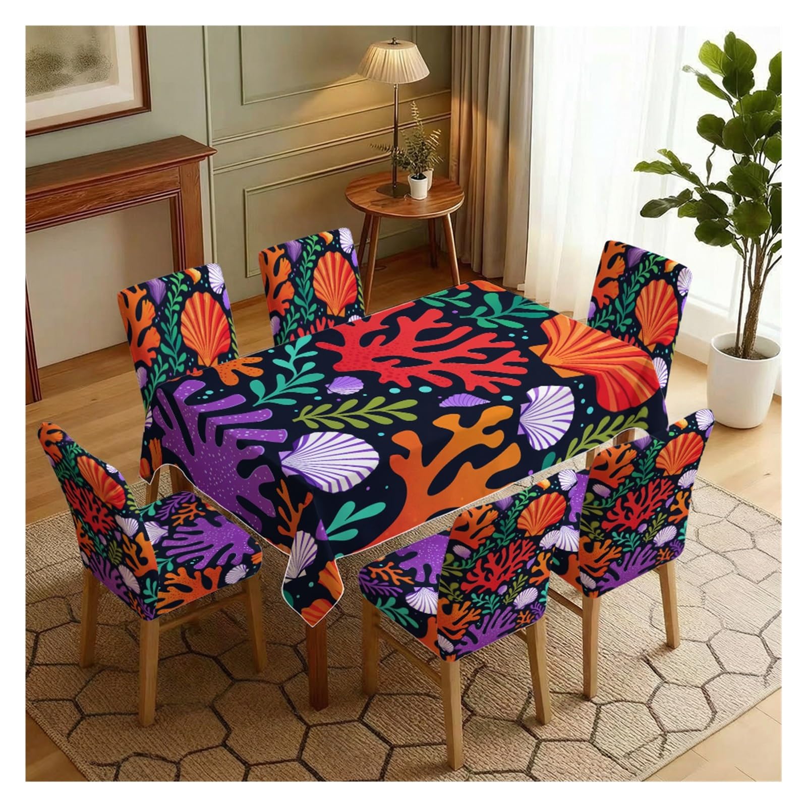 BOSUYBN Colorful Coral Seashell Dining Chair Covers & Tablecloth Set, 5/7 Piece Boho Ocean Underwater Slipcovers For Vibrant Coastal Home Decor Table Setting(7pcs Set: Tablecloth+Chair Covers)