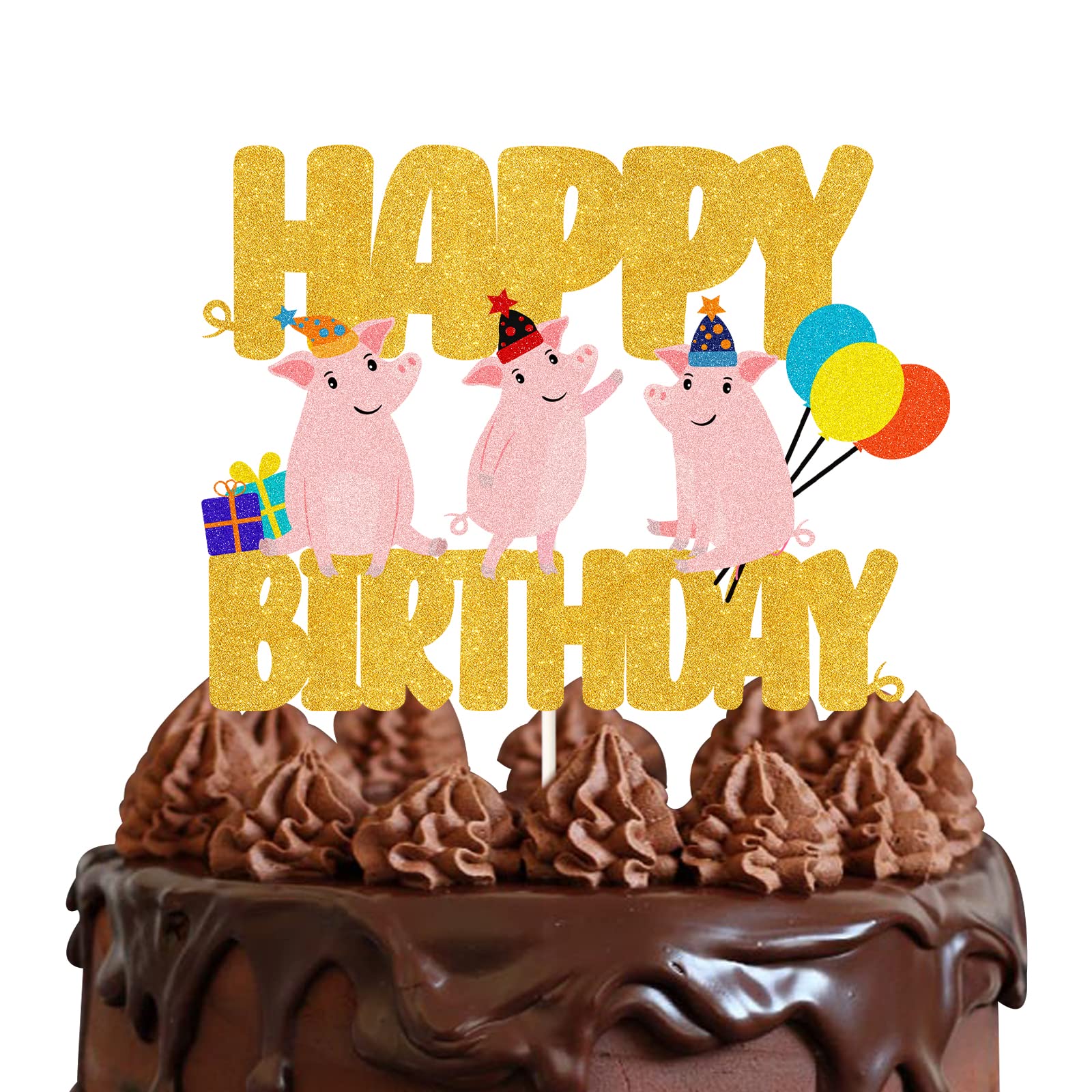 Glitter Three Pig Happy Birthday Cake Topper,Cute Animals Pig Birthday Cake Decor For Baby Shower,Animals Theme Happy Birthday Party Decorations