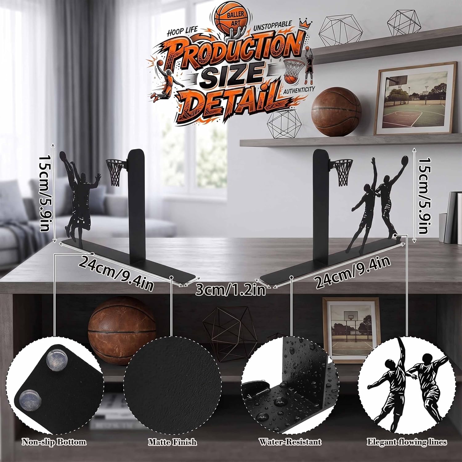 Basketball Metal Bookends for Shelves, Black, 1 Pair image 2