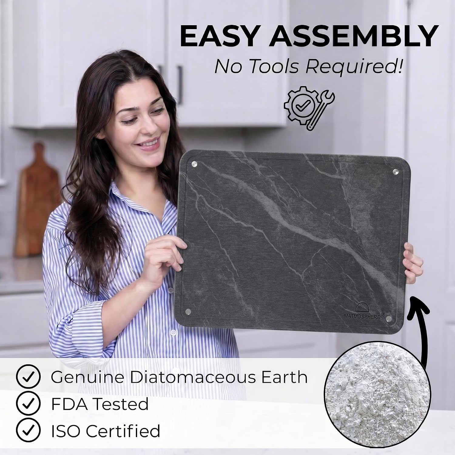LARGE MATMOSPHERE Stone Dish Drying Mat for Kitchen Counter – Fast Absorbing Diatomaceous Mat with Stainless Steel Legs, Quick Dry, Dish Rack Mat, USA Small Business, 18”x14”, Slate Gray
