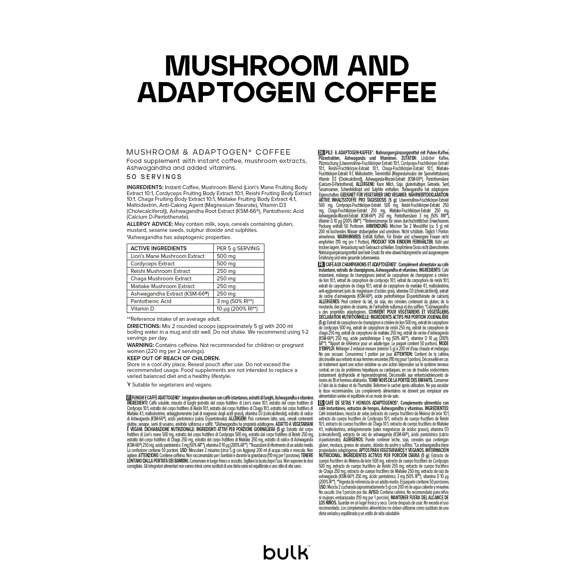 Bulk Café aux Champignons, Crinière de Lion, Ashwagandha, Vitamine D, Noir, 250 g