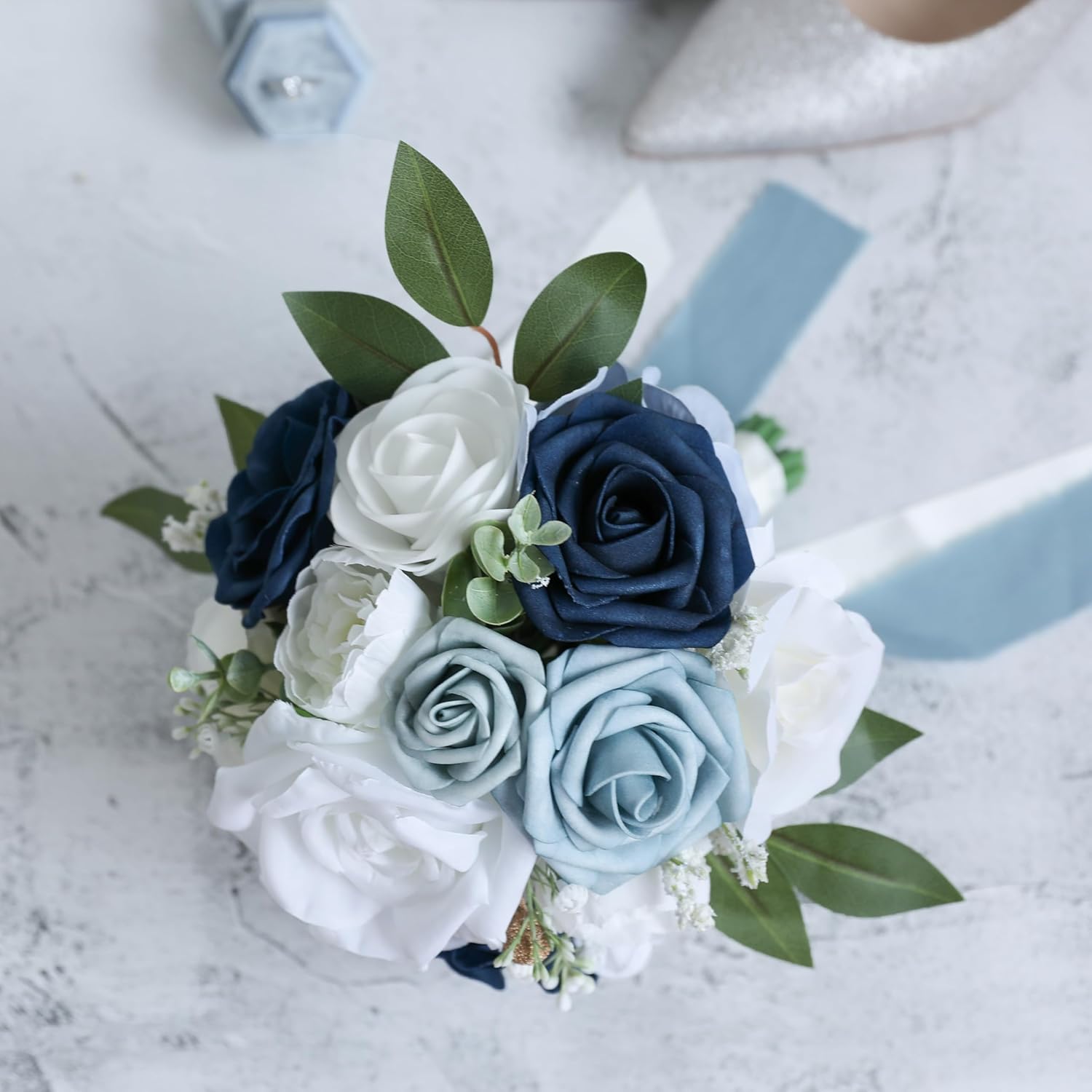 ponatia Dusty Blue Wedding Bouquets for Bride Bridesmaid, White Wedding Artificial Roses Flowers for Wedding Bouquets Ceremony, Anniversary (Dusty Blue & White) - Image 2
