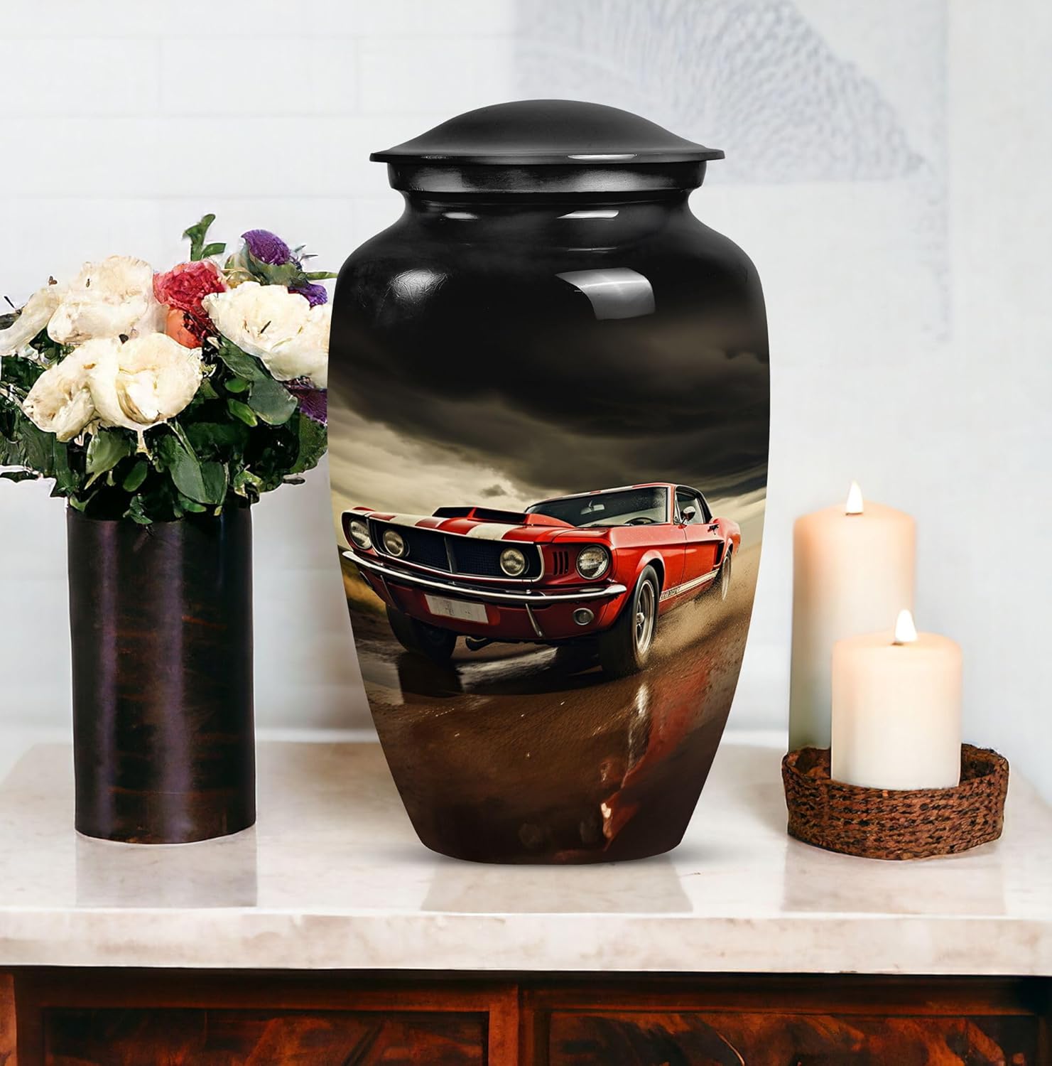 Red Car On A Stormy Road - Large Urns for Ashes - Urn for Dad - Funeral Cremation Urns for Ashes - Companion Urn (10inch), Natural - Image 7