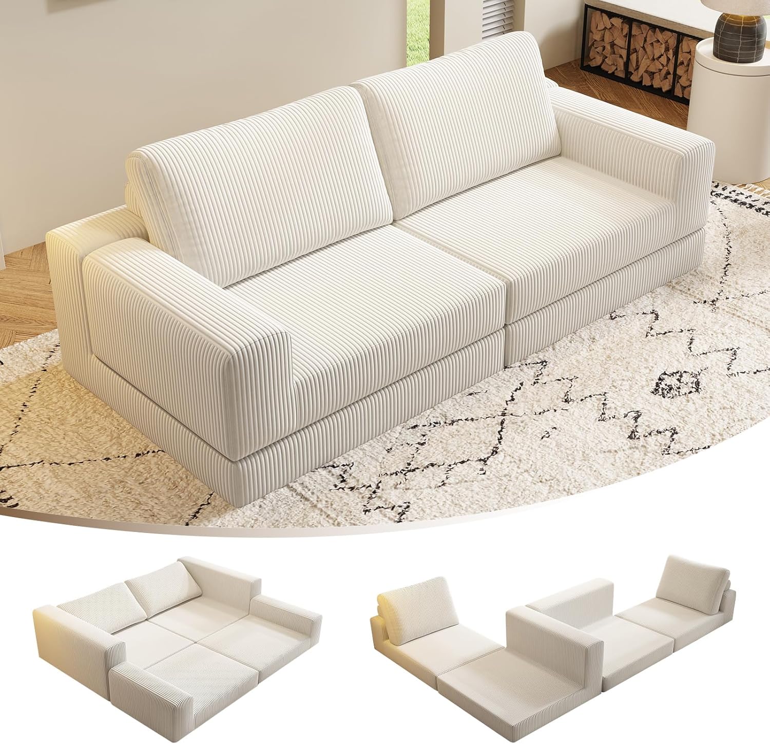 78" Convertible Loveseat Sofa, Corduroy Futon Couch with Deep Seat & Wide Armrest, Boneless Sectional Sofa Bed for Living Room, Bedroom, Guest Room, Office (Beige, Loveseat)