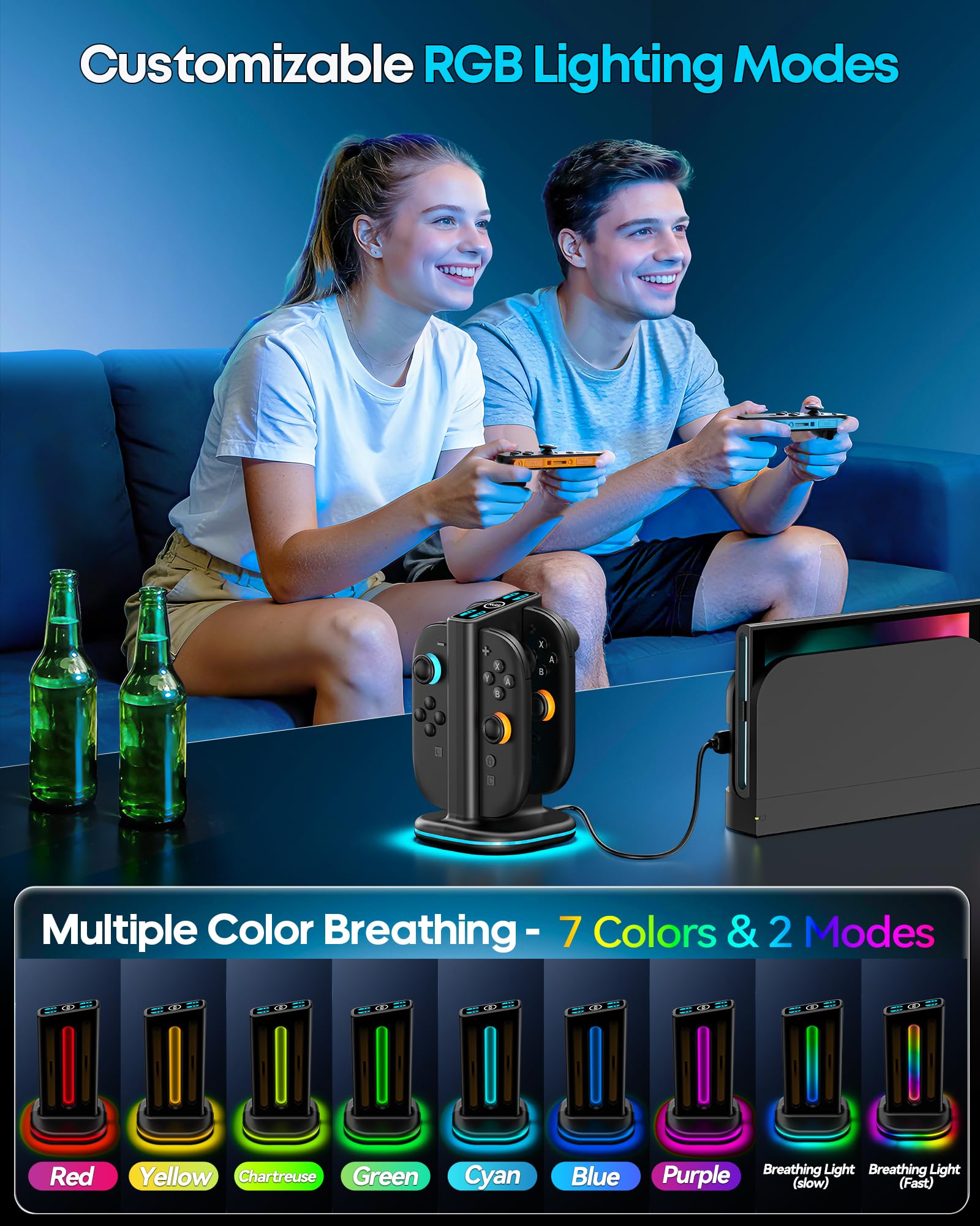 Chargeur Manette Switch 2 pour Joy-Con 2, Station de Charge Joycon 2 avec Effets RVB, Indicateurs de Charge Intelligents, Accessoires et Rangement (Non Compatible avec Manettes Switch Originales/OLED)