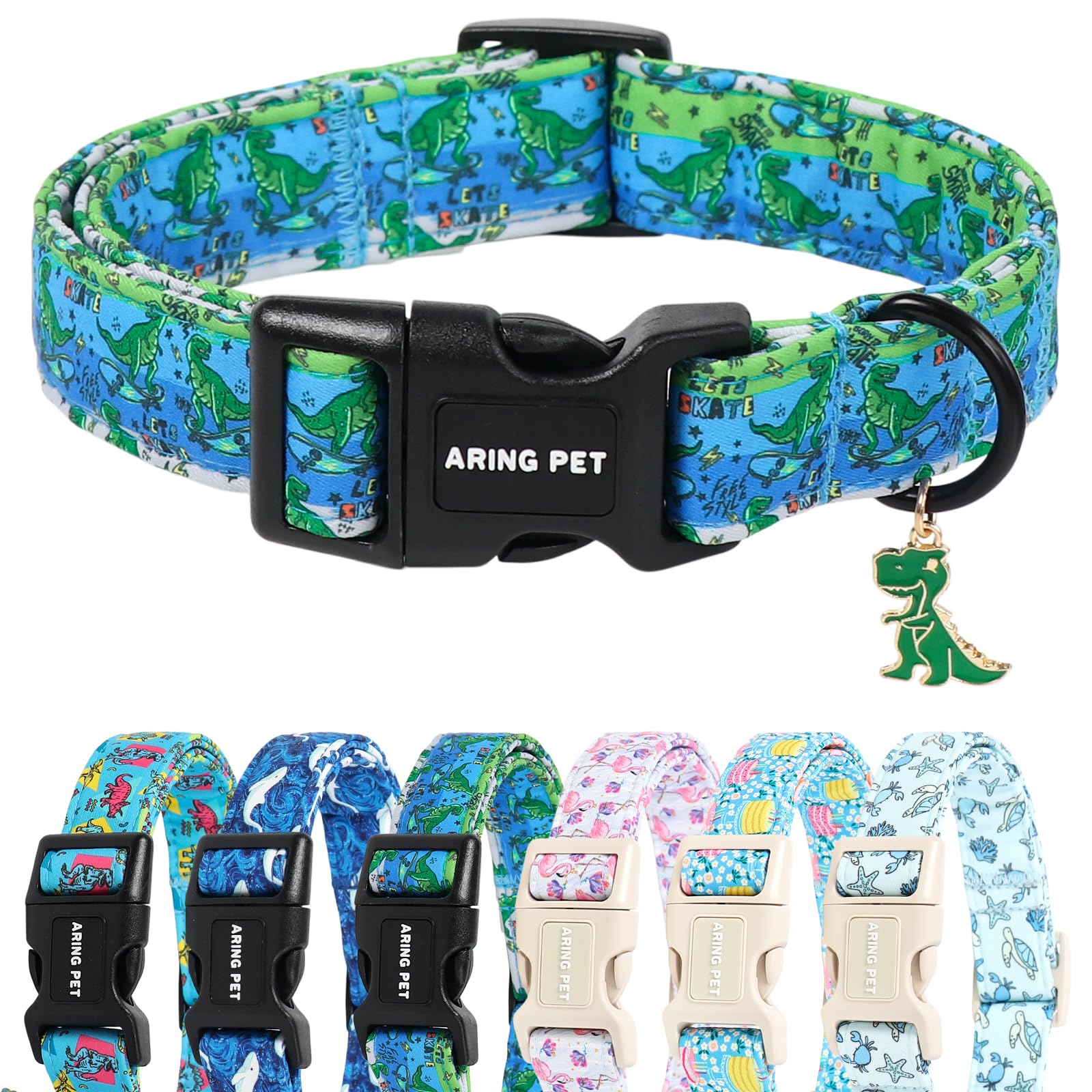 ARING PET Boy Dog Collar for Puppy Small Medium Large Dog-Green Dinosaur S
