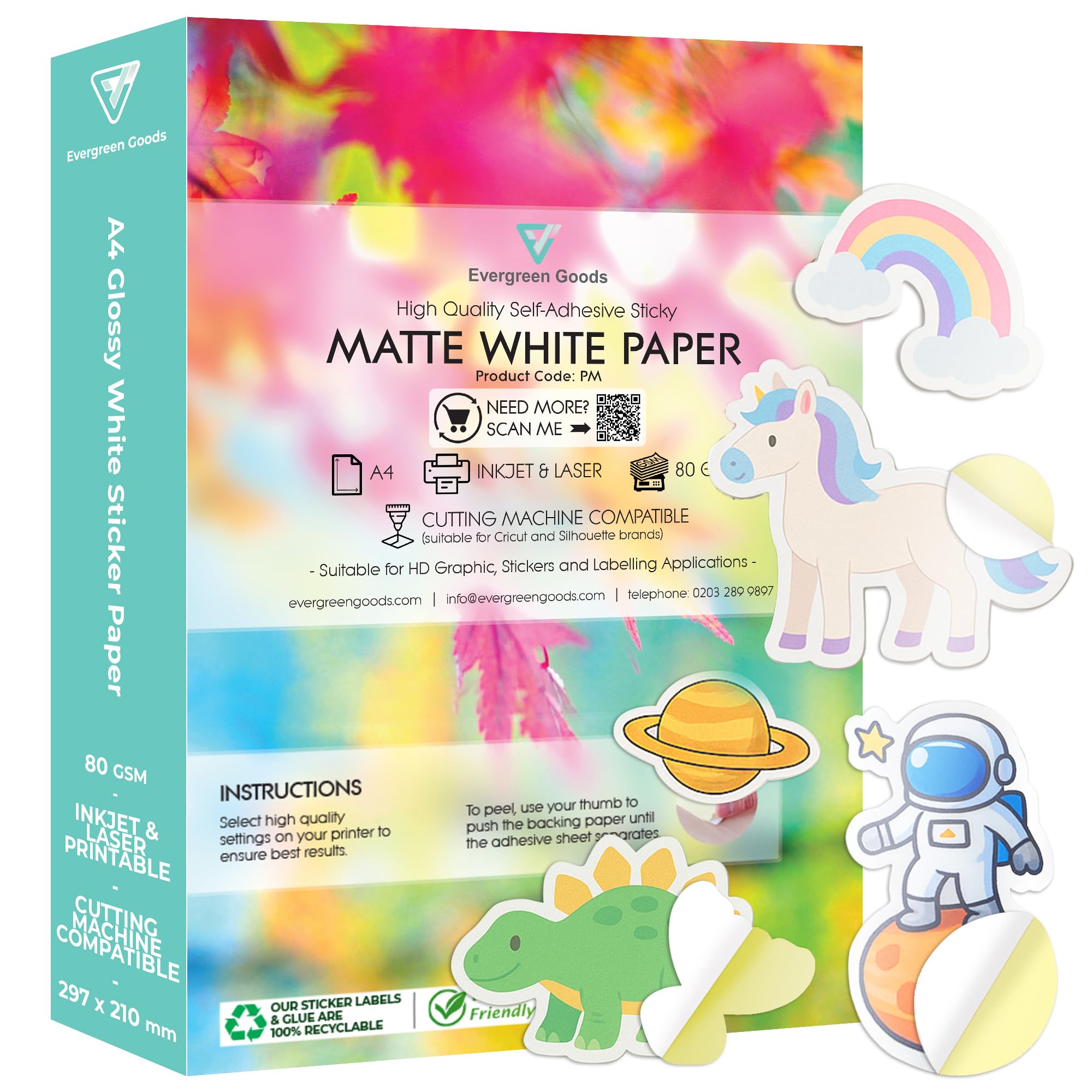 Evergreen Goods 100 Sheets A4 White Matte Sticker Paper | Inkjet & Laser Printable Self Adhesive Sticky Back Label | Create Product Labels | for Arts & Crafts