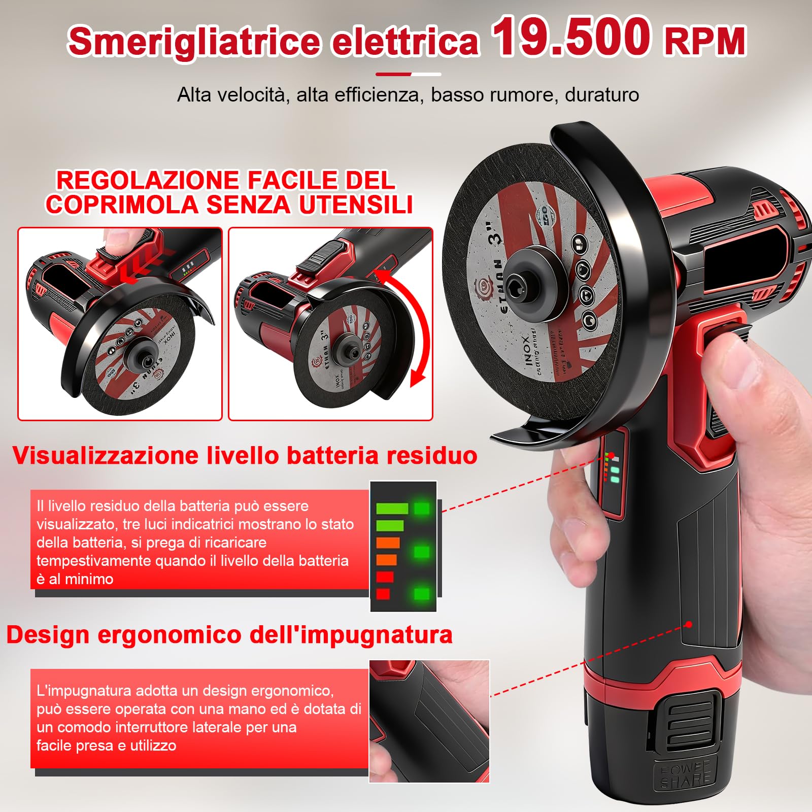 Smerigliatrice Angolare Senza Fili 3 Pollici, 500W 19500 Giri/Min Mini Smerigliatrice Angolare Elettrica da 76 mm, Lucidatrice Manuale Ricaricabile Con 6 Dischi, per Tagliare Piastrelle, Legno, Pietra