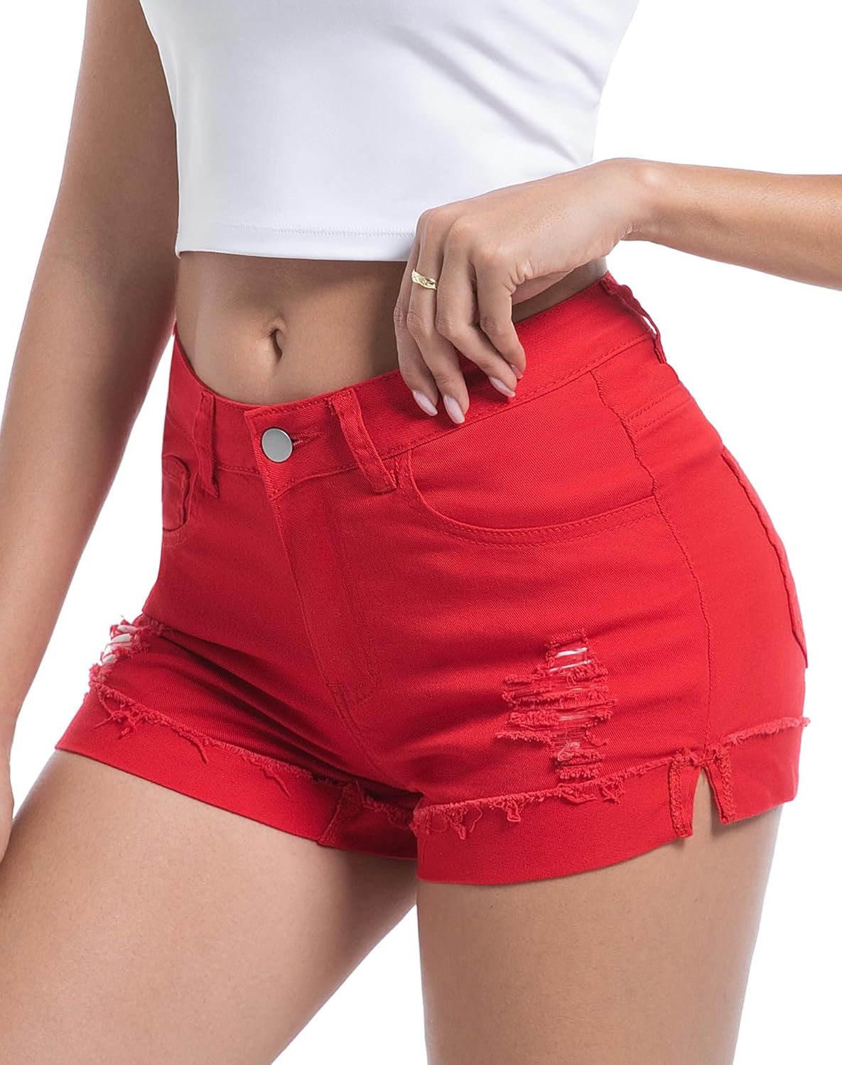 Women's Ripped Mid Rise Stretchy Denim Jeans Shorts - Image 2