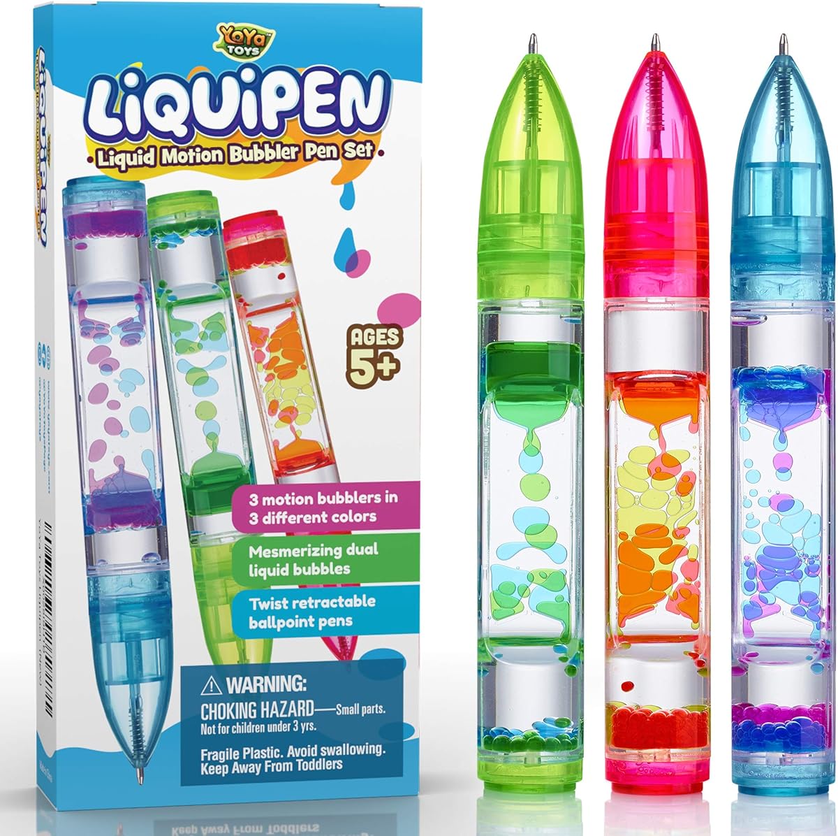 YoYa Toys Liquipen - Liquid Motion Bubbler Pen Toy (3 Pack) - 3 Colors - Colorful Timer Pens for Focus, Stress & Anxiety Relief - Fun Desk Fidget Toy for School & Office - Great Gift for Kids & Adults