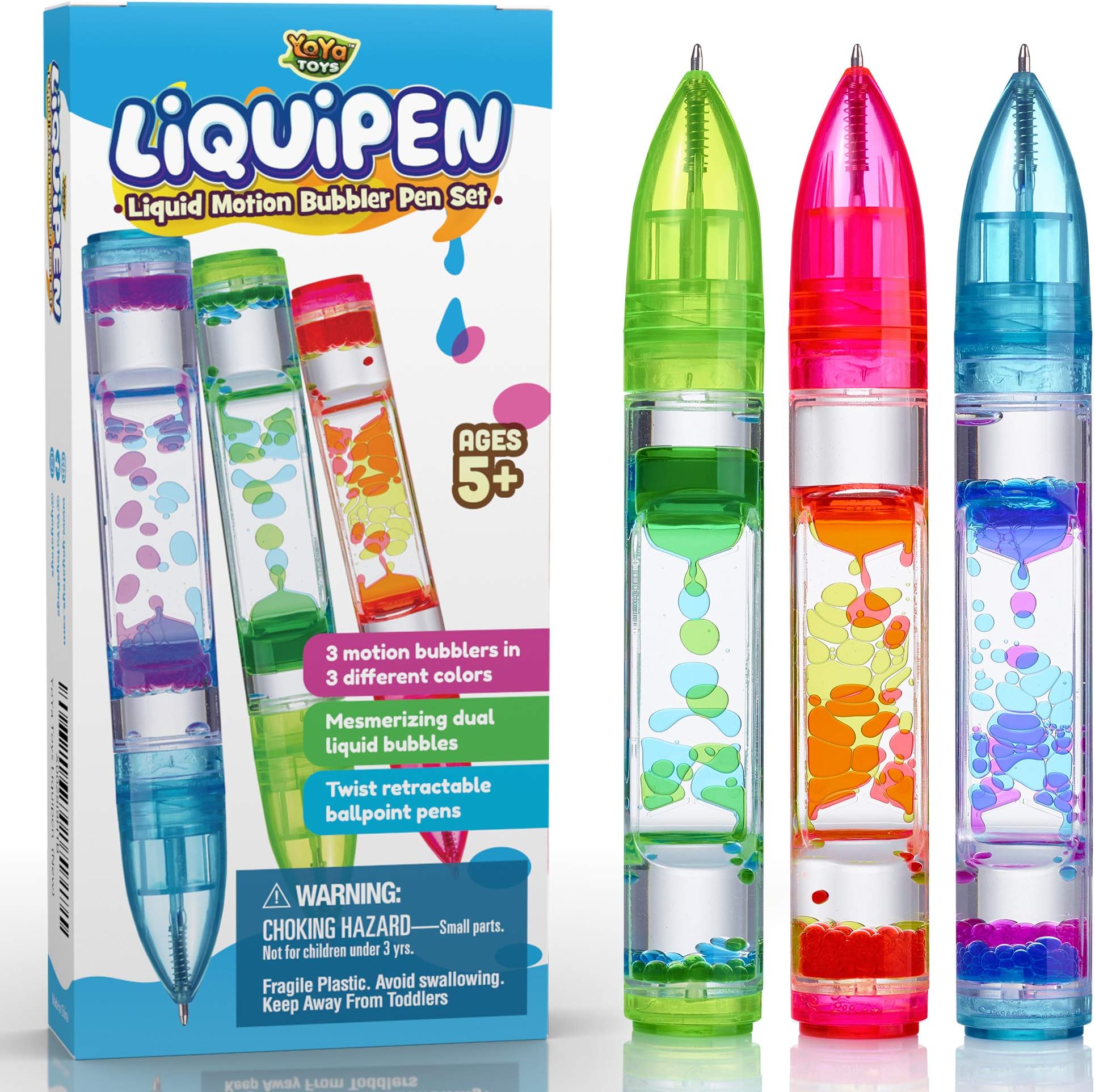 YoYa Toys Liquipen - Liquid Motion Bubbler Pen Toy (3 Pack) - 3 Colors - Colorful Timer Pens for Focus, Stress & Anxiety Relief - Fun Desk Fidget Toy for School & Office - Great Gift for Kids & Adults