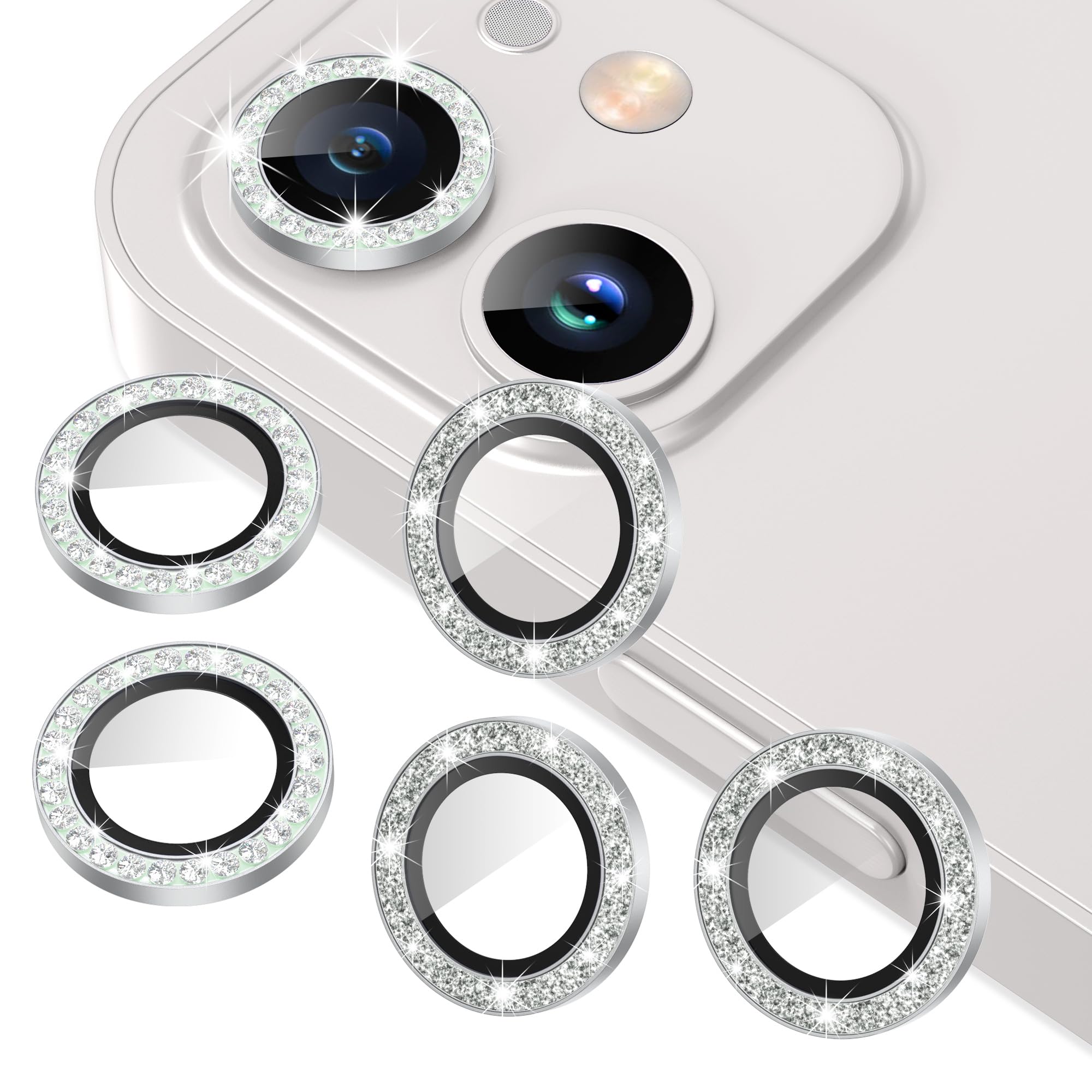 AGVEE 3+3 for iphone 12 Pro/12/12 Mini/11 Pro Max/11 Pro/11 Camera Lens Protector, Bling Diamond & Bling Glitter Metal Ring 9H Tempered HD Glass Camera Protector Cover, Silver