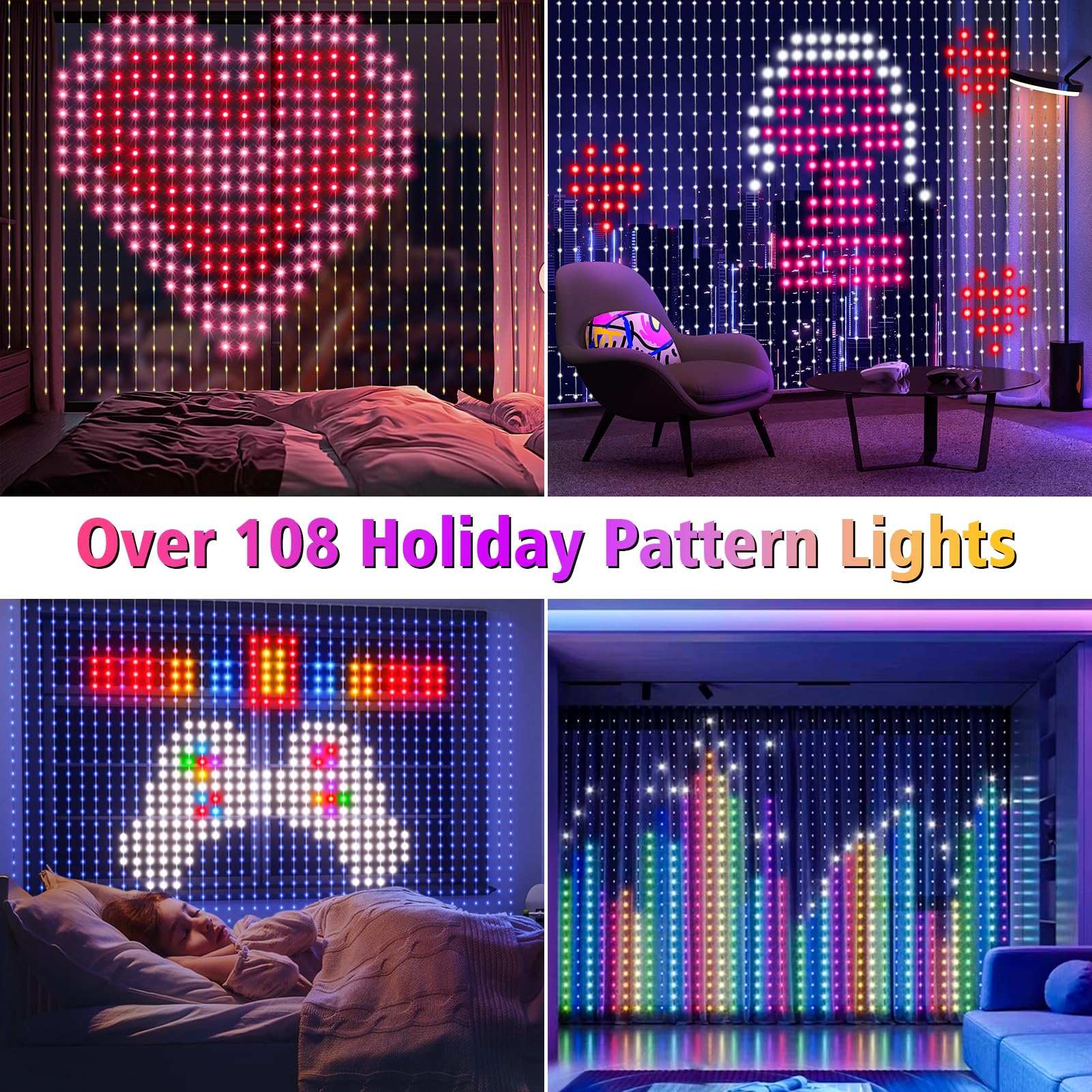 Rideau lumineux intelligent de 5 m x 2,5 m, 800 LED avec télécommande par application, couleur changeante, synchronisation de la musique, bricolage pour intérieur et extérieur, décoration murale