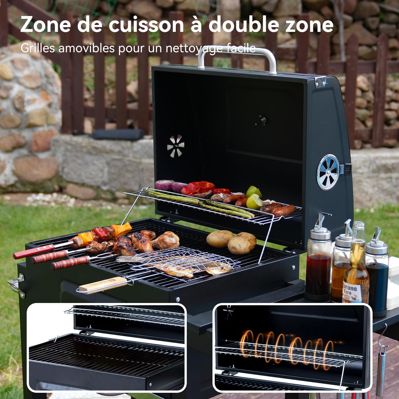 Barbecue Charbon de Bois, Gril avec Couvercle, Surface de Cuisson: 56×42,5 cm, Bac à Charbon Réglable en Hauteur, Table Latérale Pliante, Housse Barbecue Incluses
