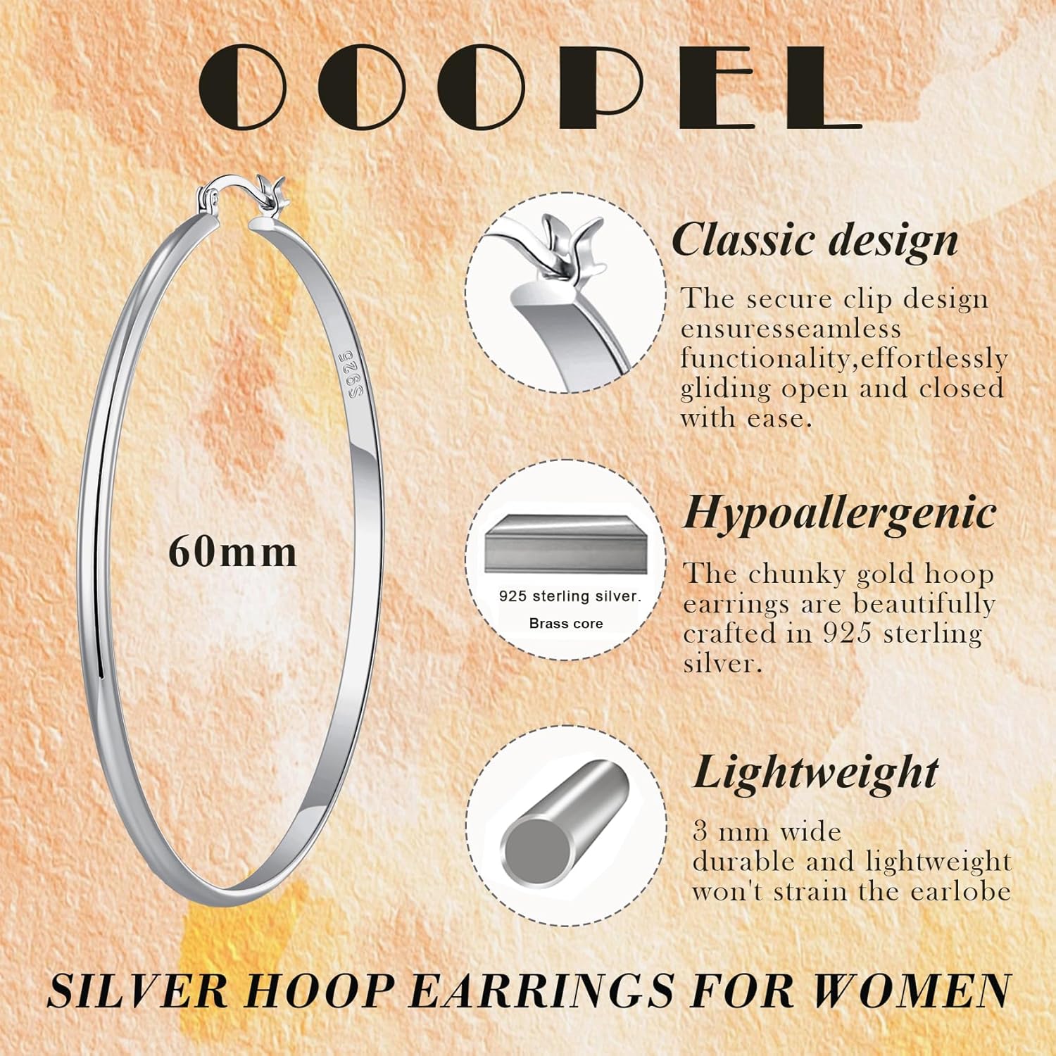 OOOPEL 3mm Wide Large Gold/Silver Hoop Earrings Sterling Silver Hoop Earrings For Women Big Gold Hoops Hypoallergenic 925 Sterling Sliver Earrings Hoops 30/40/50/60mm - Image 3