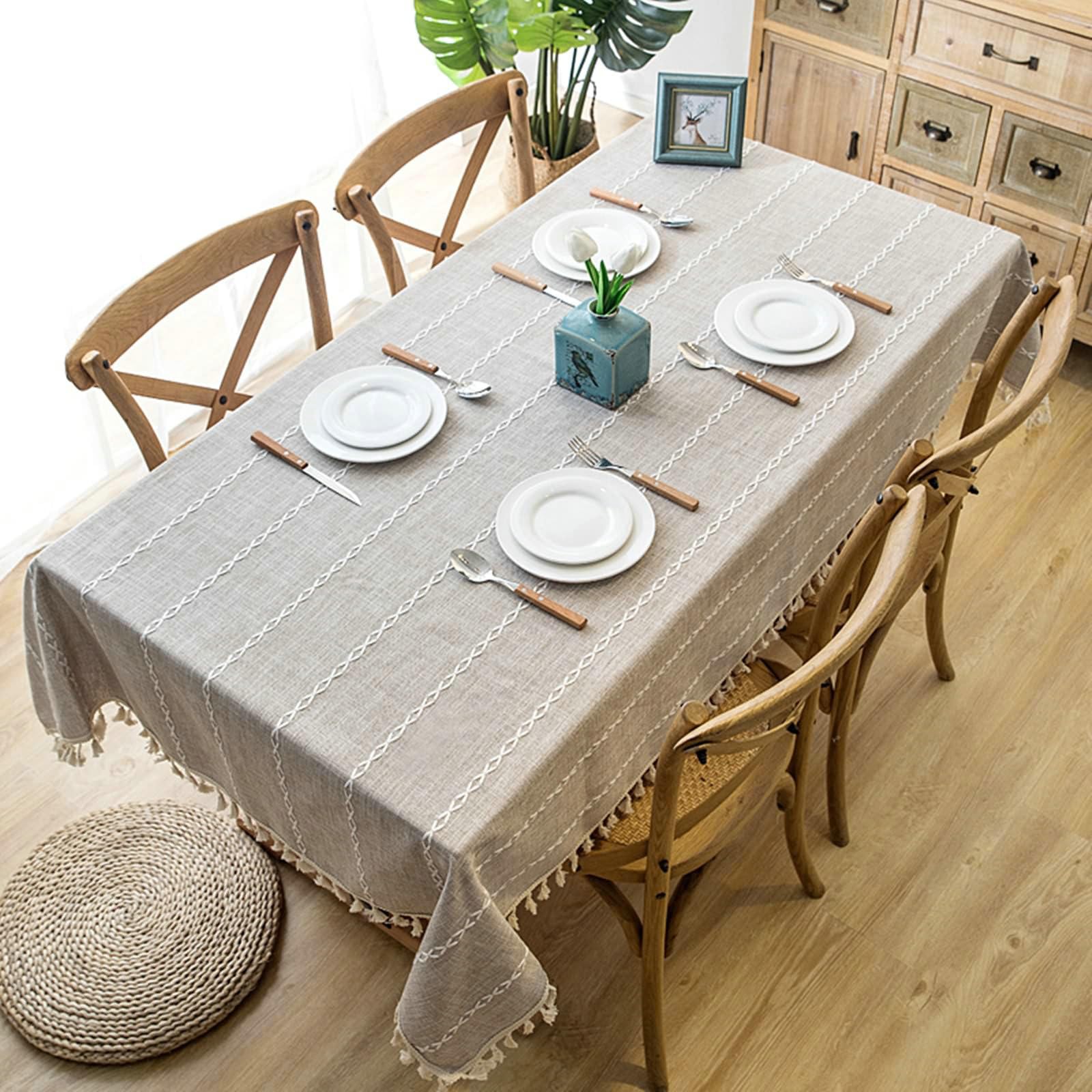 Gualiy Mantel Salon Rectangular, Poliéster Mantel de Cocina de Tela 120x180CM Mantel Cocina Impermeable Bordado Rayas con Borlas Manteles para Mesa de Centro, Caqui