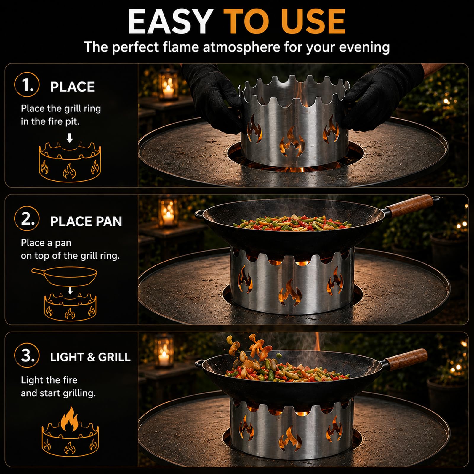 Soporte Wok de Acero Inoxidable para Plancha de Fuego con Abertura Ø 20 cm, Adaptador para Wok, Dutch Oven, Parrilla y Plancha, Accesorio para Barbacoa
